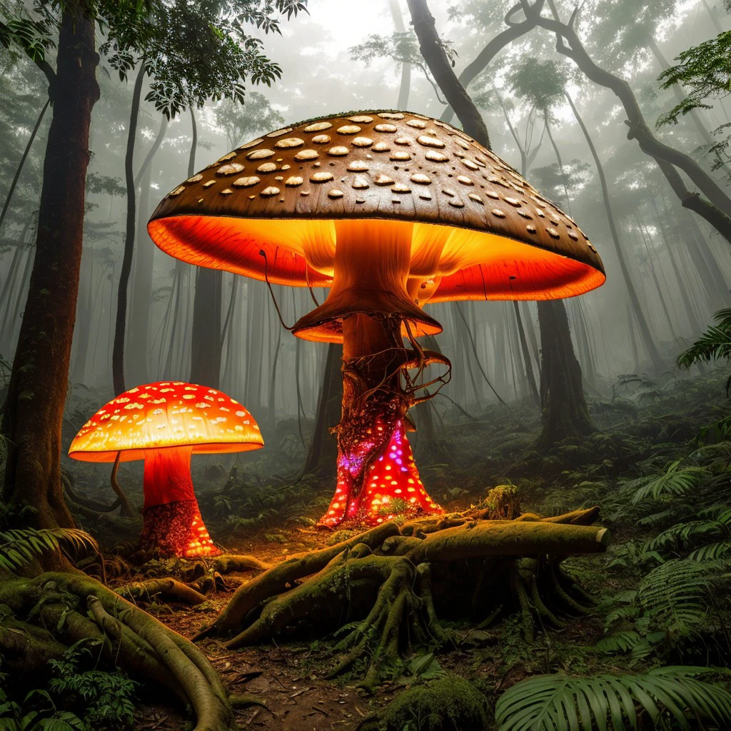 masterpiece, intricate photo, giant mushrooms in the hazy jungle, photo realistic, hyper realistic, highly detailed, sharp focus, high resolution, best quality, colorful, friendly colors, cozy outdoor lighting, 8K