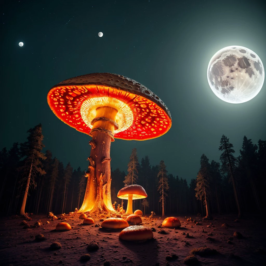 masterpiece, intricate photo, giant mushrooms on the moon, photo realistic, hyper realistic, highly detailed, sharp focus, high resolution, best quality, colorful, friendly colors, cozy outdoor lighting, 8K