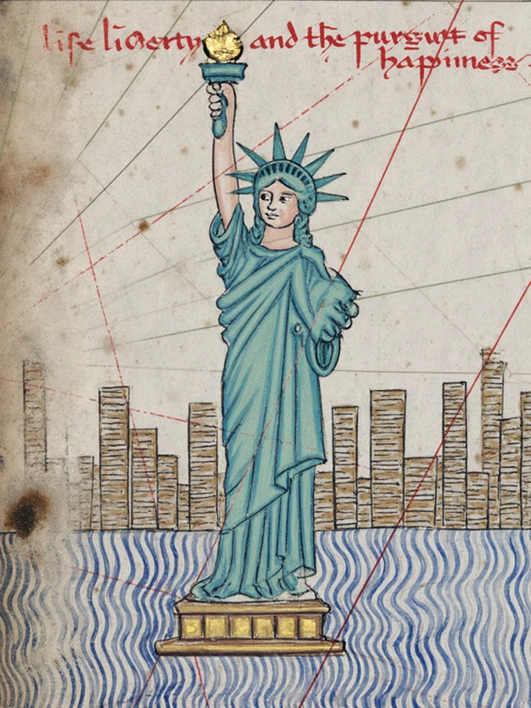 C4t41an style, the Statue of Liberty with long turquoise hair wearing a turquoise dress, standing on an island in the ocean, New York skyline in the background, red text at the top reading ‘life liberty and the pursuit of happiness'