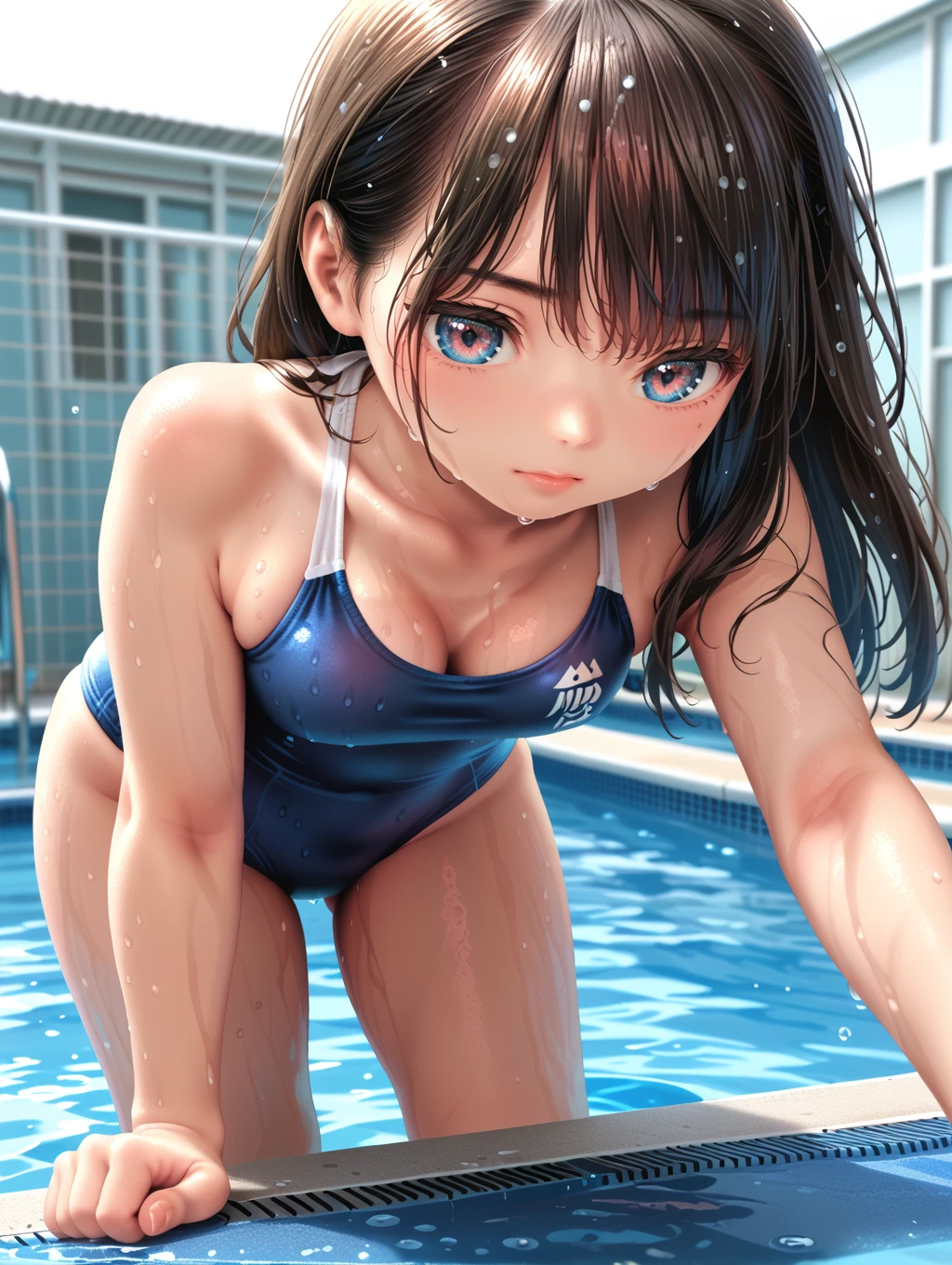 NSFW、swimming pool、Seen by everyone、A woman with an erect penis pointing upwards between her legs、One piece swimsuit、オナニーしてペニスから、Ecstasy face、Ecstasy、Highest quality、Beautiful Face、、Squirting、