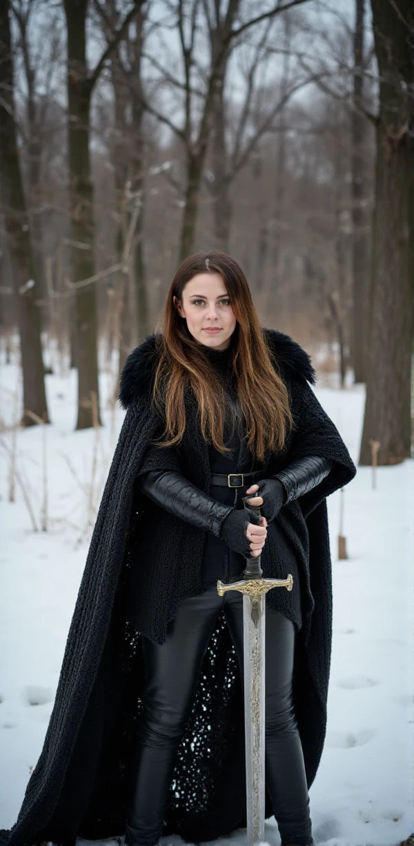 Jennifer Haben  has long  hair. Her hair are braided. She is a viking warrior and wears a light armor made of leather and bronze. she is holding a big sword with exquisit details in the snow in a forest. Ready to fight <lora:Jennifer_Haben:0.9>