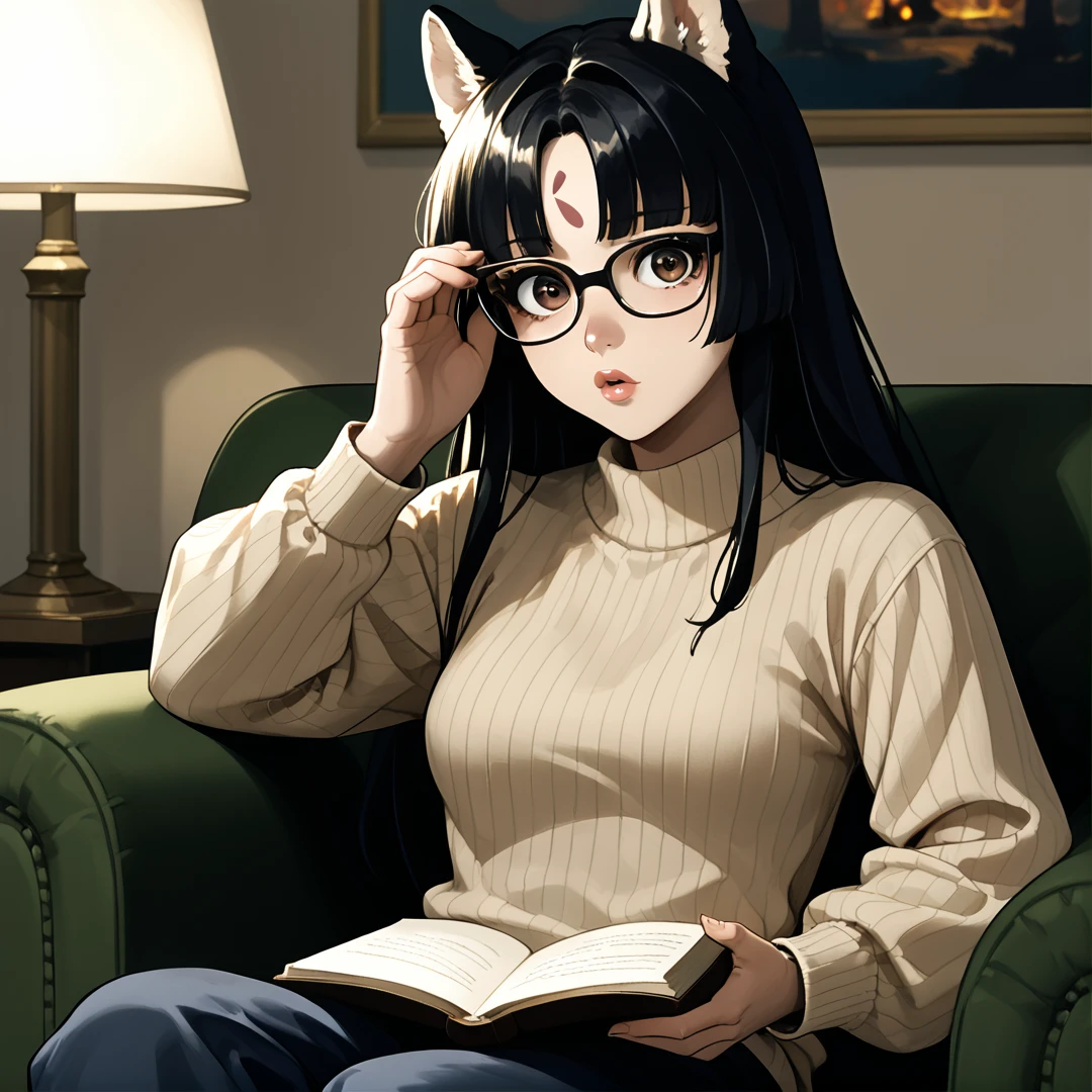 anime artwork Masterpiece, high quality, score_9, score_8_up, score_7_up, 1girl, indoors, living room, fireplace, dim lighting, lamp, sitting in armchair, book, reading, puckered lips, glasses, adjusting eyewear, looking at viewer, (surprised:0.75), ribbed sweater, wool, pants, <lora:Arknights_Saga_PONY_XL:1> aksaga, long hair, black hair, dog ears, bangs, forehead mark, brown eyes, medium breasts, . anime style, key visual, vibrant, studio anime,  highly detailed