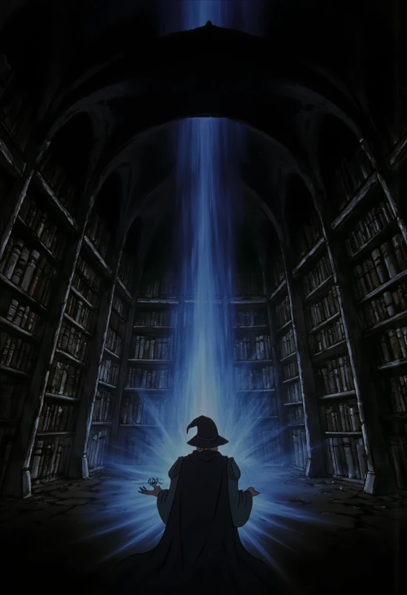 <lora:BerserkFLUXV2:1> b3rs3rk
A dark, ancient library with towering shelves filled with dusty tomes, where a wizard is conjuring a spell that illuminates the room in blue light.