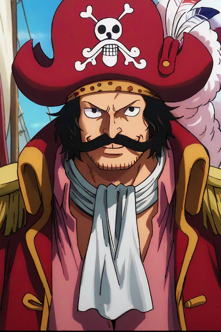 score_9, score_8_up, score_7_up, source_anime, rating_safe, male focus, white_Roger_hat skull print, RogerOP, black_Roger_hair, black_Roger_facial hair, black_Roger_eyes, red_Roger_pirate hat, red-yellow_Roger_animal print head bandana, white-blue-red_Roger_hat feathers, pink_Roger_hat-cloud, white_Roger_ascot, red-yellow_Roger_coat on shoulders, yellow_Roger_epaulettes, pink_Roger_closed shirt, sweet smile, 1boy, anime screencap