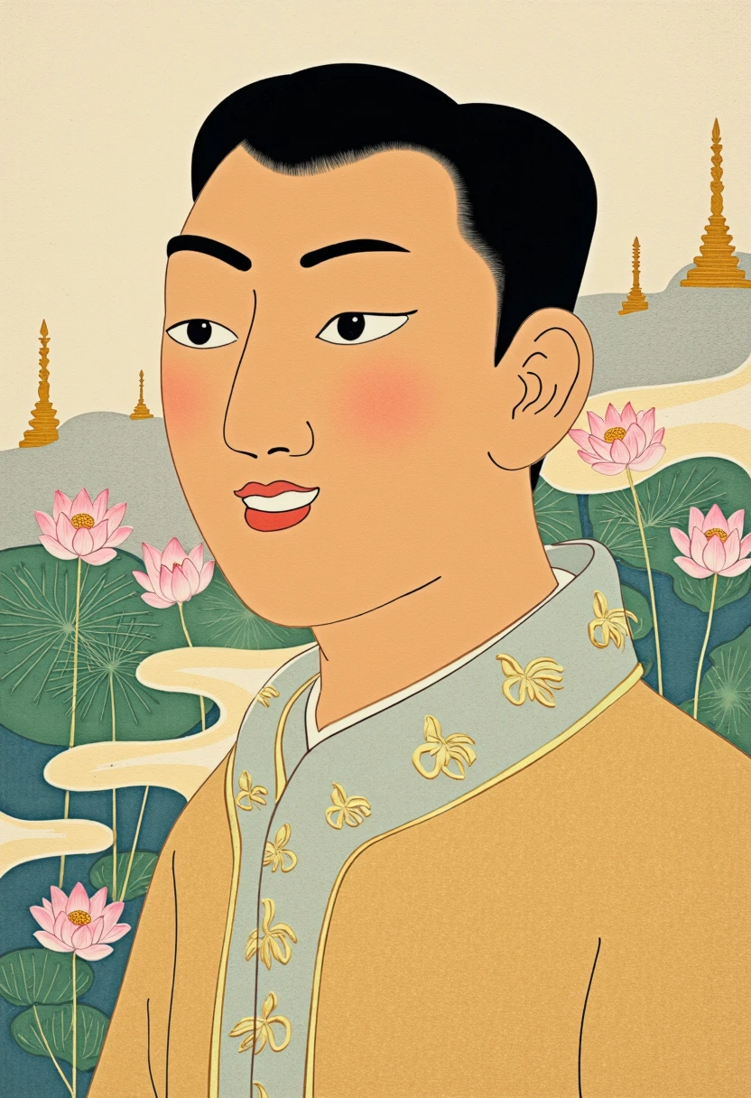 a portrait of a Thai man inspired by Shunga art, combining traditional Thai and Japanese aesthetics. The man has smooth, tan skin, high cheekbones, and gentle, smiling eyes. He is adorned in a traditional Thai silk shirt with intricate gold patterns, reflecting the elegance of Thai design. The background features elements of Thai architecture, such as temple spires and lotus ponds, with soft, flowing lines and muted pastel tones that echo the Shunga style. The overall composition conveys a sense of tranquility and understated sensuality, with delicate shading and elegant line work.