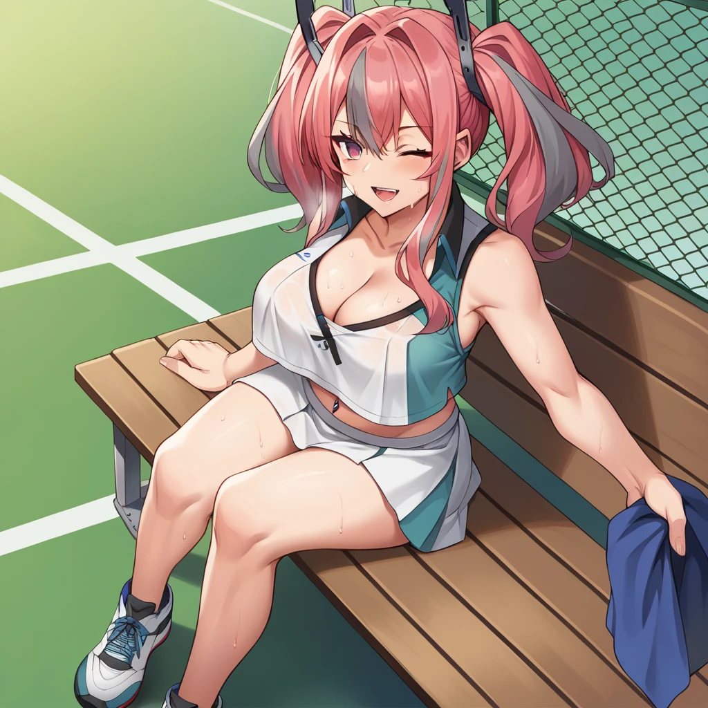 score_9_up, score_8_up, score_7_up, source_anime, masterpiece, best quality, 1girl, solo, BremertonAzur, Brem01, Brm_Tns, sun light, sitting on metal bench, from above, sneakers, looking at you, holding towel, towel on cheek, sweaty, open mouth, breath, wink, curious, bremerton (azur lane), pink hair, twintails, grey hair, streaked hair, pink eyes, hair ornament, navel piercing, bremerton (scorching-hot training) (azur lane), crop top overhang, tennis outfit, alt two-tone shirt, sleeveless shirt, cleavage, collarbone, two-tone skirt, mature body, dynamic cowboy shot, outdoors, tennis court background