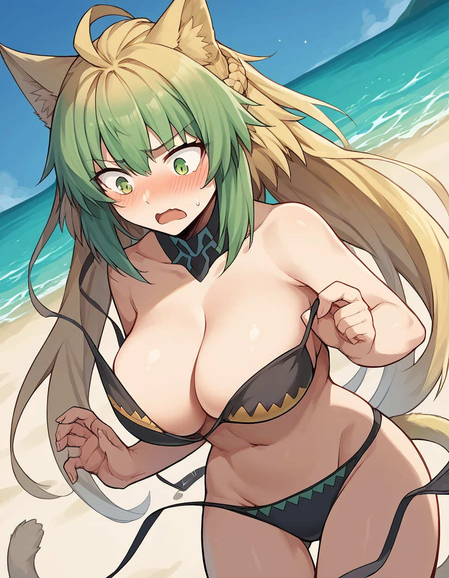 score_9, score_8_up, score_7_up, source_anime, <lora:fgo-atalanta-ponyxl-lora-nochekaiser:1>, atalanta, animal ears, blonde hair, cat ears, cat girl, cat tail, green eyes, green hair, hair between eyes, long hair, multicolored hair, tail,, <lora:wardrobe-malfunction-ponyxl-lora-nochekaiser:1>, wardrobe malfunction, bikini, accidental exposure, untied bikini, strap break, bursting breasts, breast slip, navel, surprised, embarrassed,, beach, blush, looking down,, , cowboy shot, dutch angle