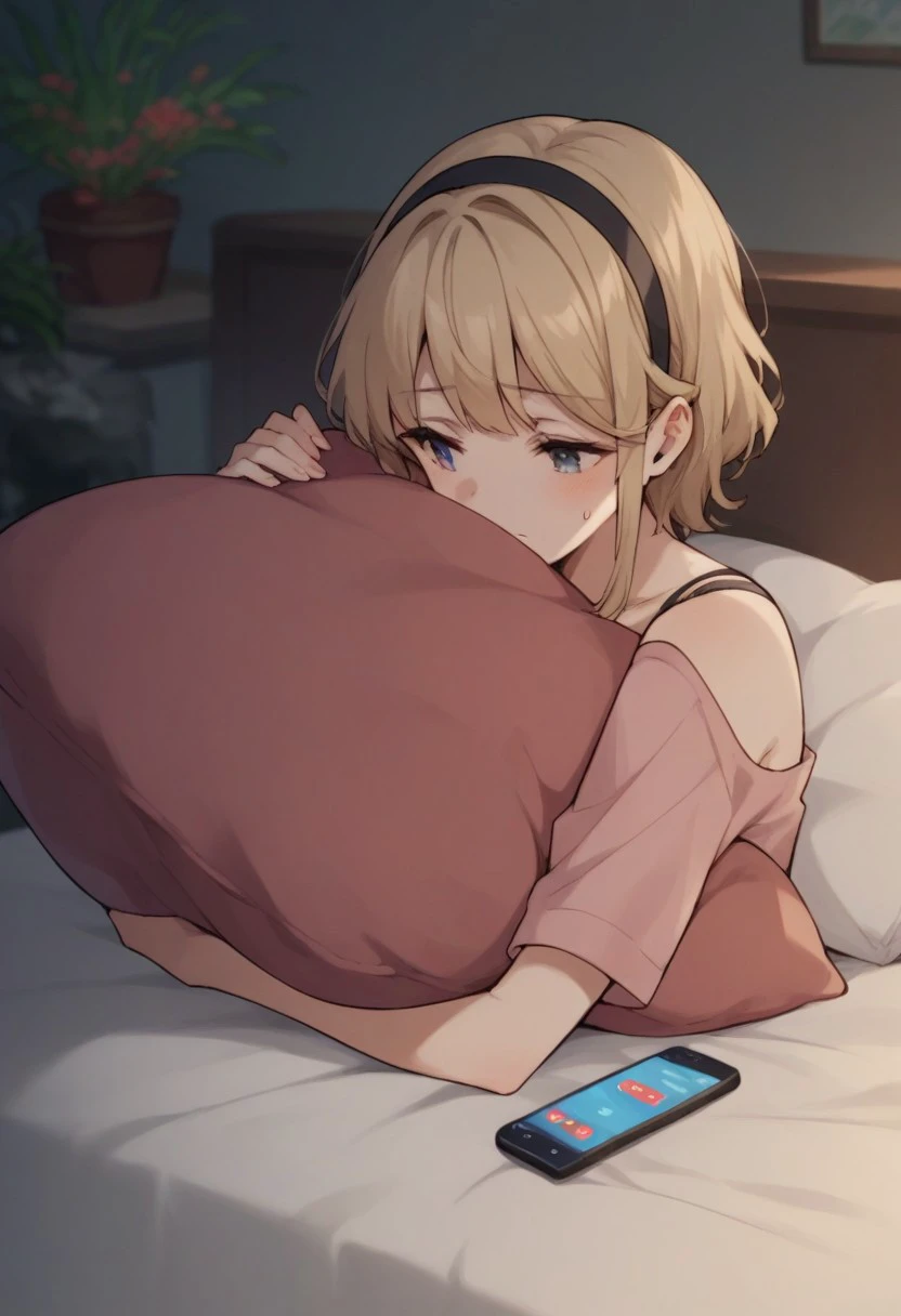 score_9, score_8_up, score_7_up, score_6_up, score_5_up, score_4_up, hairband, closed mouth, arm up, on bed, smartphone, pillow hug, sweatdrop, aquarium, talking on phone, plate, hood