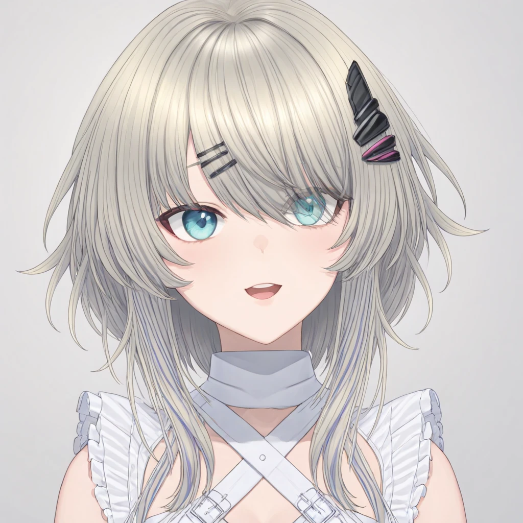 newlia, bangs, breasts, collarbone, dress, eyebrows visible through hair, eyes visible through hair, hair ornament, hair covering one eye, hairclip virtual youtuber, white dress, platinum blonde grey hair, streaked hair, amazing quality, 
shading, ultra-detailed, upper body, 
 <lora:LIA-XLv2-t1-000004:0.6>