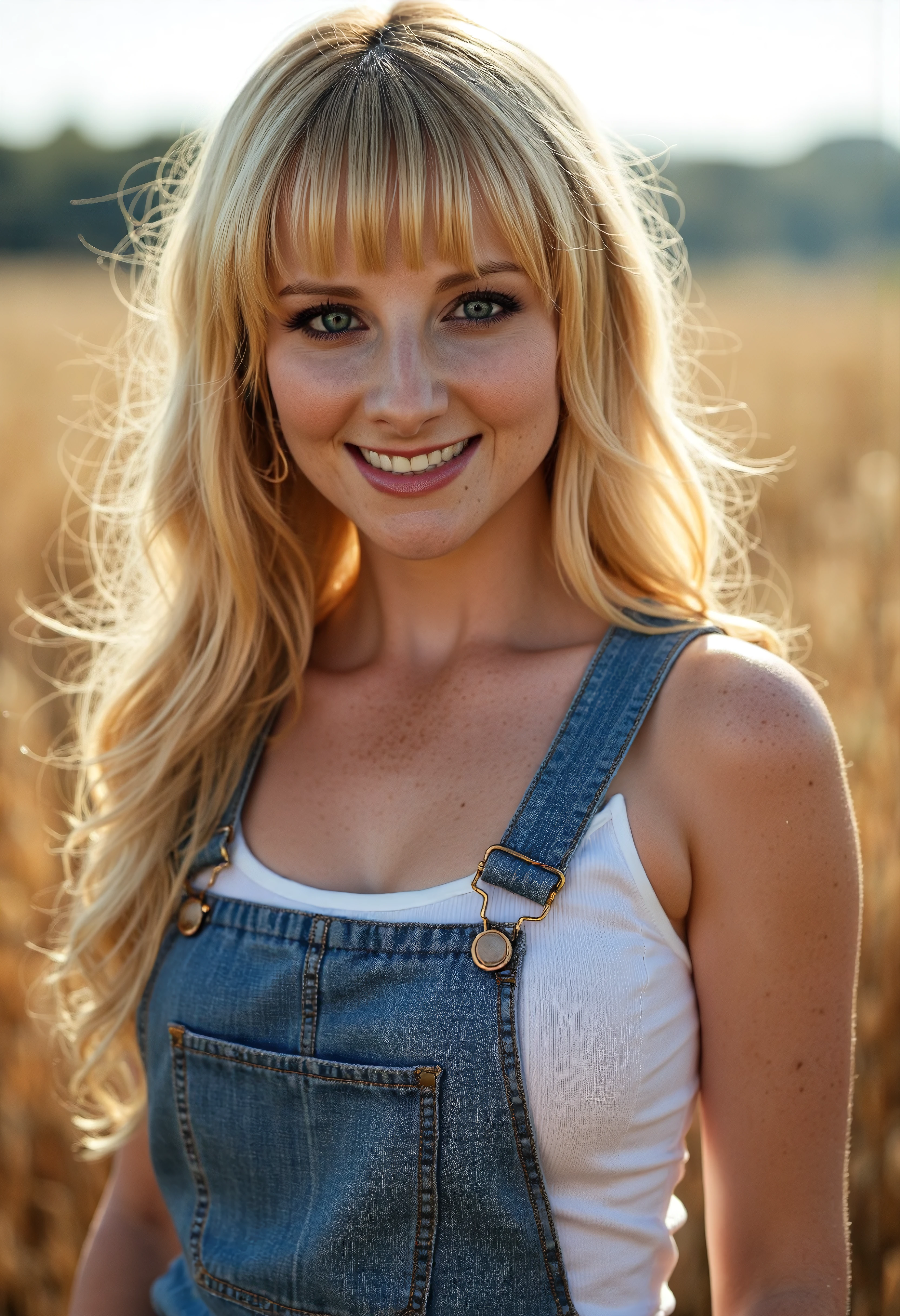 The image is a portrait of Melissa_Rauch woman posing for a photo ,She has blonde long hair,She is wearing blue overalls, she is outside in the fields, Upper body photo. She is looking at viewer. Amateur photography