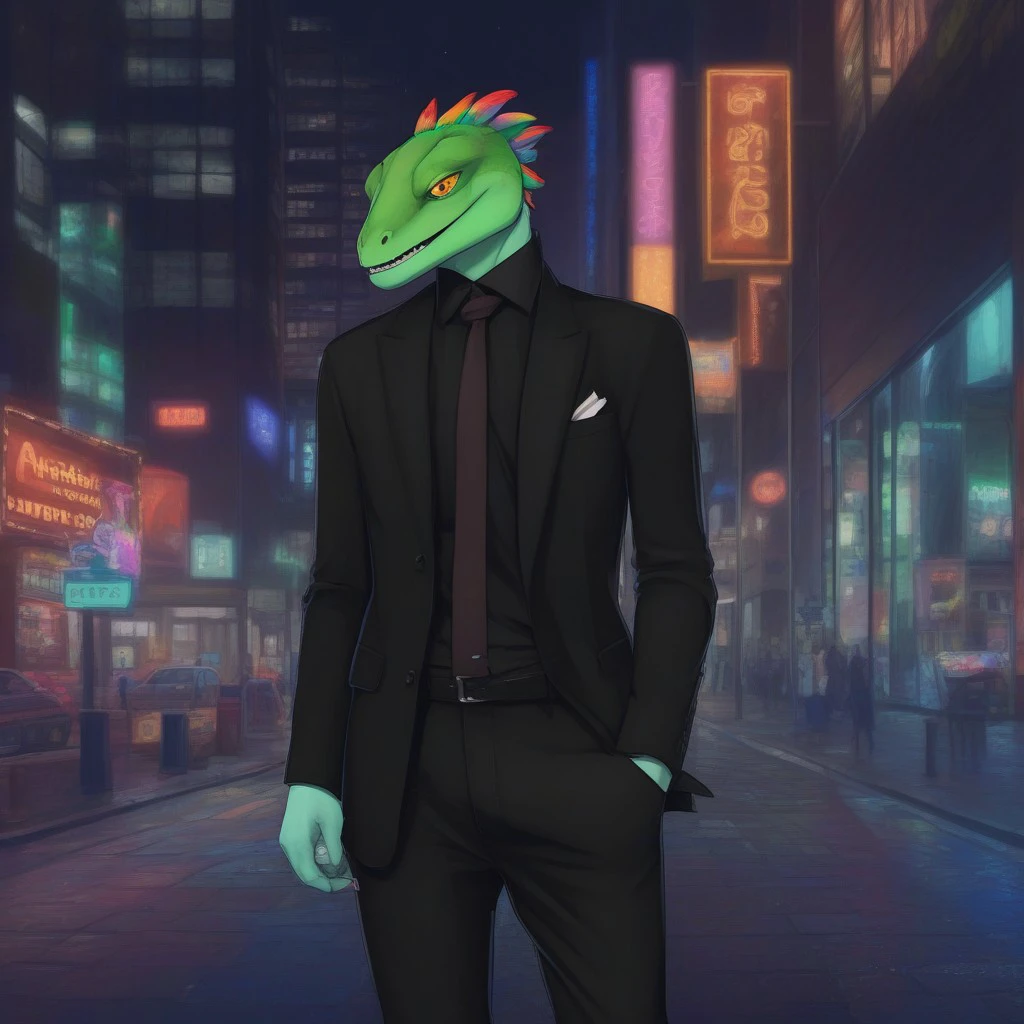 solo, male, anthro, lizard, rainbow colored hair, black dress shirt, black dress pants, black dress shoes, charming, semi muscular, city streets, neon lights, night time