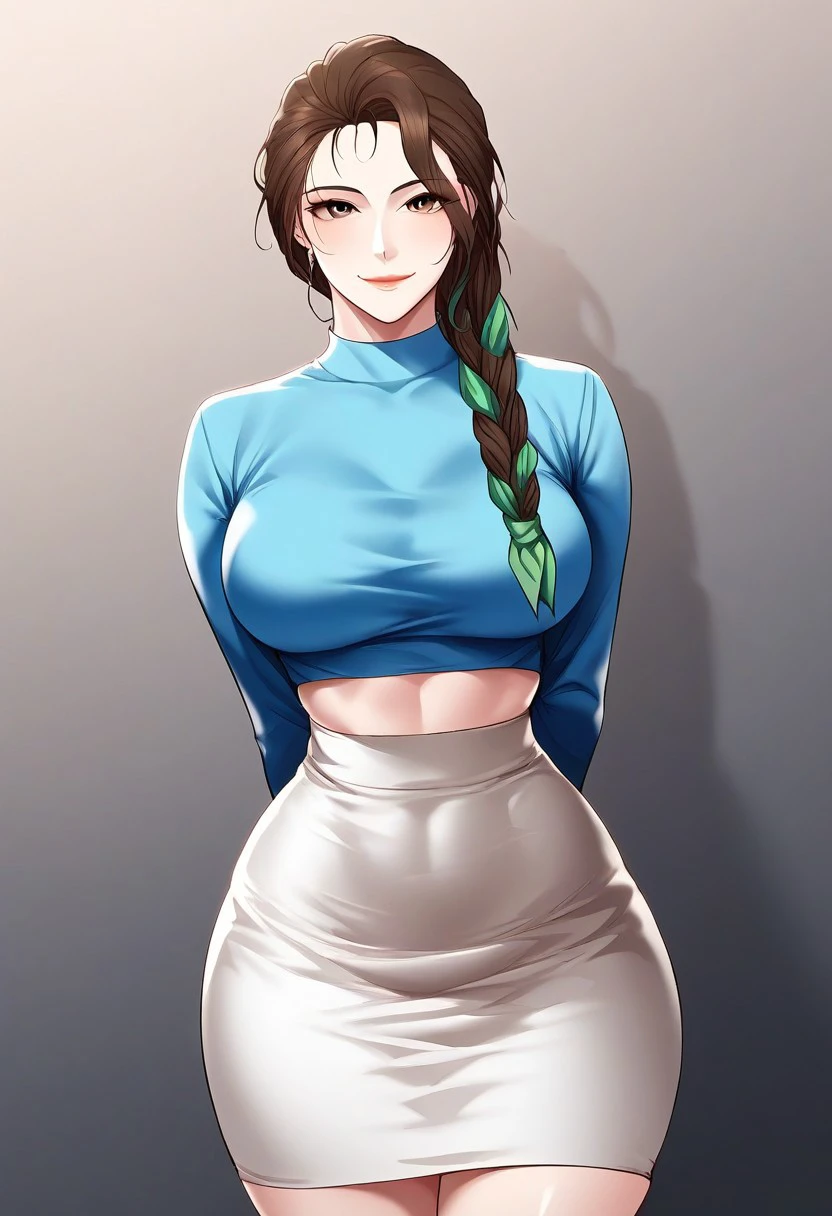 score_9, score_8_up, score_7_up, ASCII masterpiece, source_anime, BREAK, 1girl, solo, (( <lora:cho_mi-kyung:1> , cho_mi-kyung, thin waist, wide hips, beautiful skin, beautiful brown eyes, clear eyes, bright pupils, beautiful eyes, beautiful brown hair, huge and shaggy breasts, natural beauty, extraordinary beautiful woman, attractive woman, super sexy woman, lustful body, sexy woman with seductive obscene body, sensual body, voluptuous body, sexy beauty, most beautiful milf, no piercings, no piercing, )), ((sexy long-sleeves cut-out blue top, obscene cleavage, huge cleavage, midriff, white pencil skirt, single hair braid with green scarf, hair over shoulder, )) , closed mouth, sexy pose, seducative smile, indoor, night club, looking at viewer, horny, seductive, hands behind back, standing, cowboy shot, front view, closing up, leans forward, huge cleavage, hands behind back,