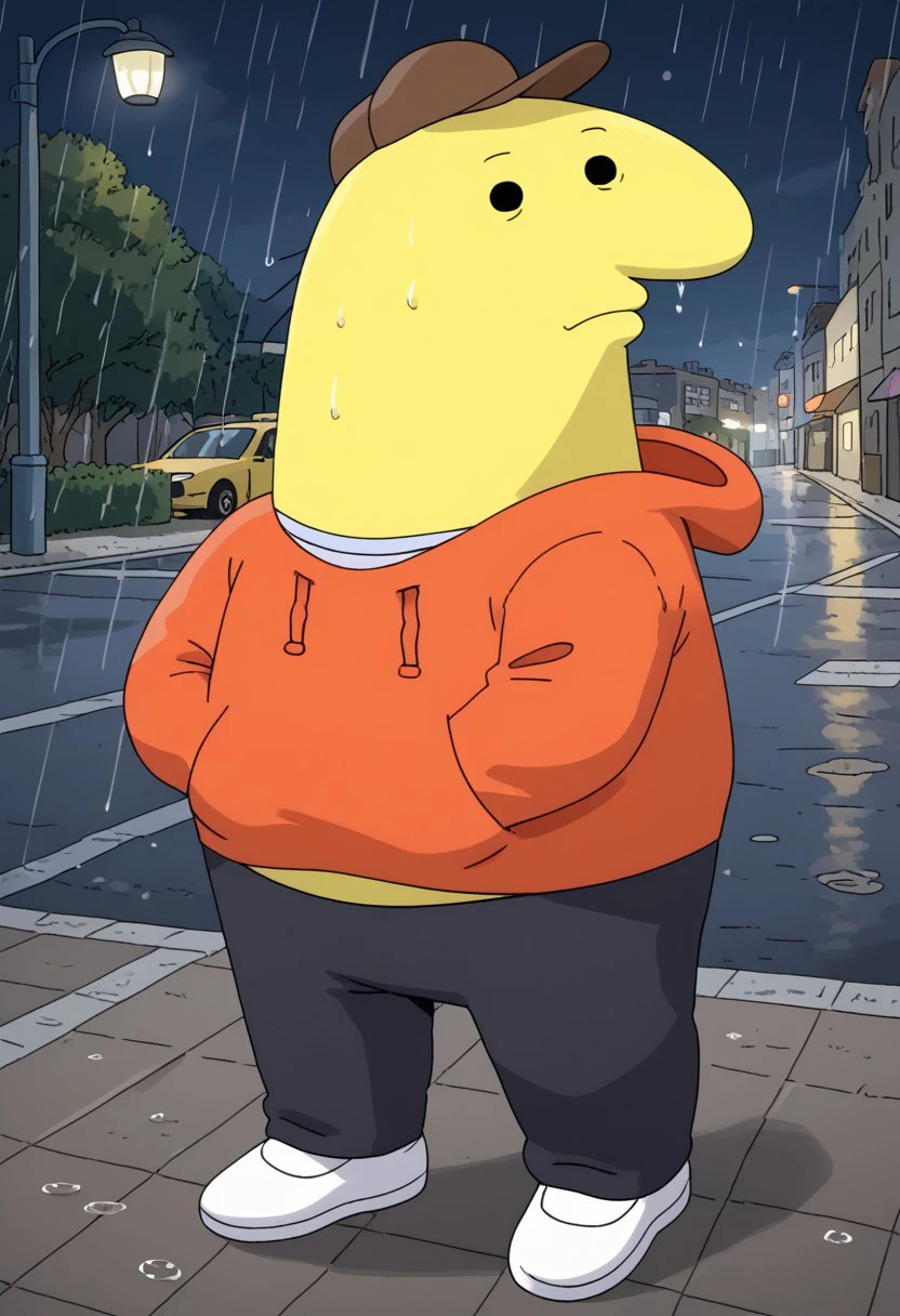 solo, male, cartoon character, yellow skin, orange hoodie, brown cap, 2d style, round body, fat, simplified design, white shirt under hoodie, white shoes, pants dark gray, oval face, dot eyes, 4k, masterpiece, best quality, highly detailed, detail background, leaning against a streetlamp, crossing his arms, looking at the sky, with a rainy city street and umbrellas around him.