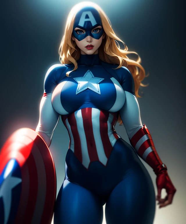 (masterpiece:1.2), best quality, (realistic:1.2), (1girl:1.5), (americandream:1.5), blonde hair, long hair, blue eyes, (red_lipstick:1.2), (mask:1.5),superhero, bodysuit, (star (symbol):1.5), (adshield:1.5), (shield:1.2), (red_fingerless_gloves:1.2), (white_sleeves:1.5), (blue_shoulders:1.2), (huge_breasts:1.2), curvy, (dramatic_lighting:1.2), (cowboy_shot:1.5), (American_flag:1.5), <lora:AmericanDreamV1:1>