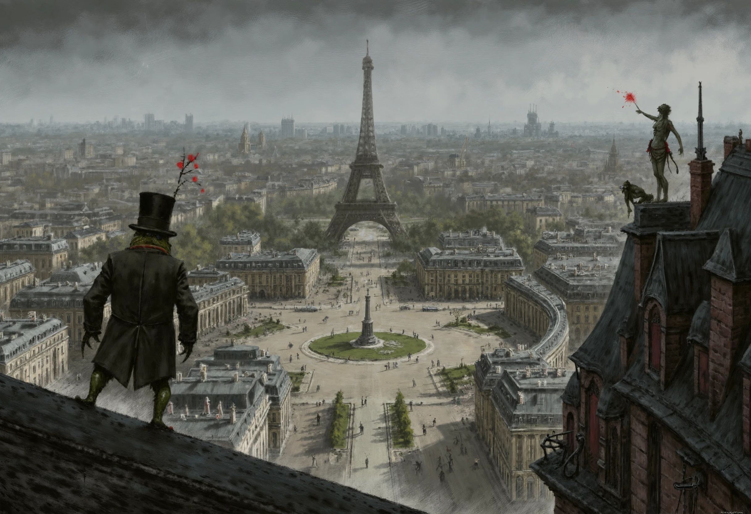 a digital painting rendered in a dark, gritty, and surreal style. a view a paris from the birdview, effiel tower and many building in paris, la place du concord, in a zombie apocalypse, empty city, a giant frog with wearing a tophat,