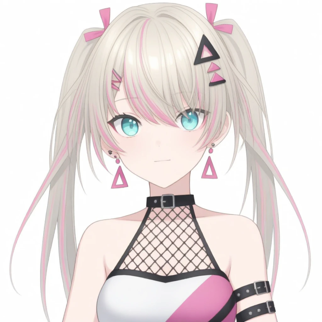 lia, arm strap, bare shoulders, triangle fishnets, hair ornament, jewelry, long hair, looking at viewer, streaked hair, pink bow, pink ribbon, ribbon, solo, black white and pink sportswear, bolt earrings, twintails, oval eyes, anime drawing, platinum blonde hair,
basic background, looking at viewer
 <lora:LIA-XLv2-t1-000004:0.6>