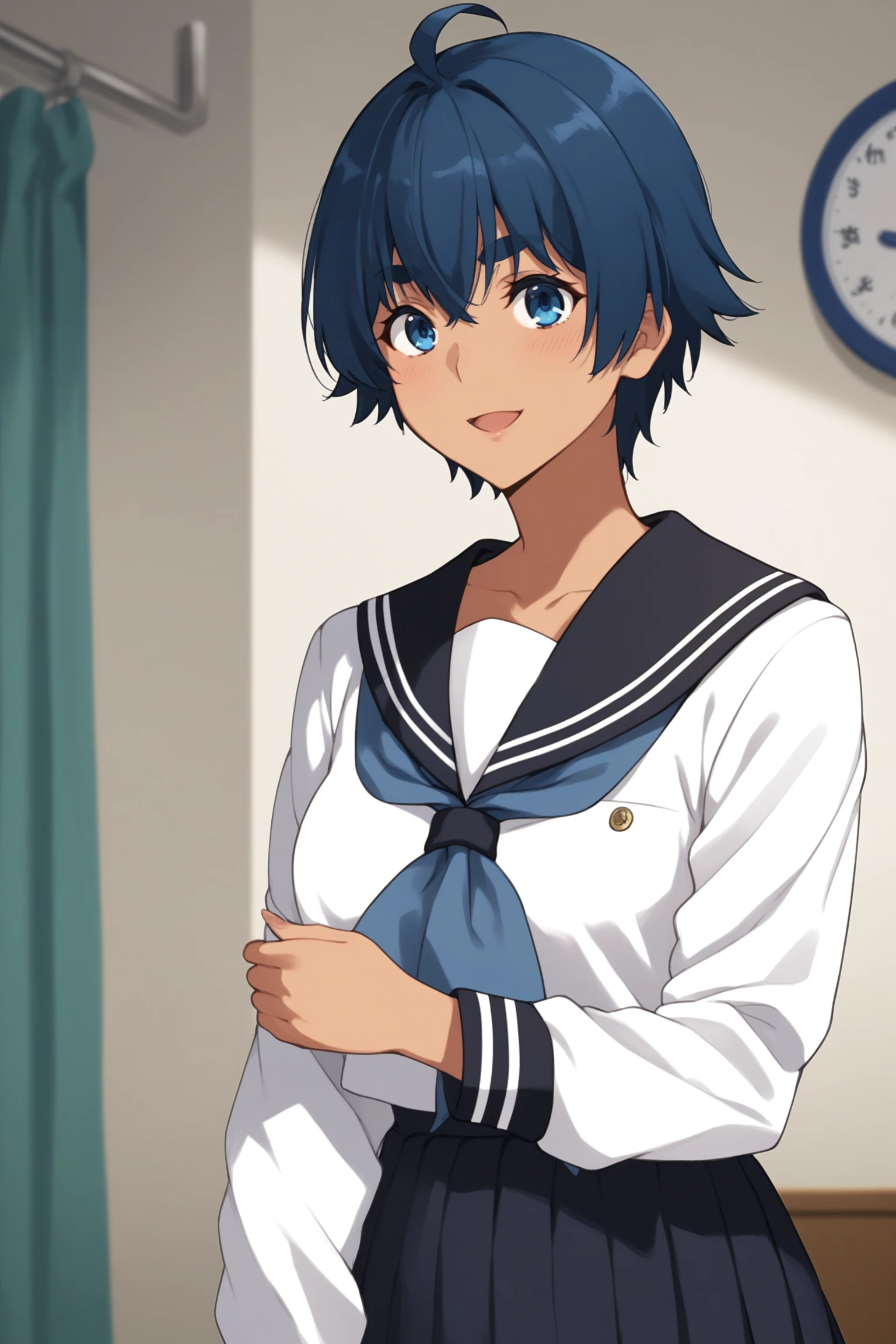 score_9, score_8_up, score_7_up, score_6_up, score_5_up, source_anime, rating_safe, medium breasts, indoors, hospital, 1girl, solo, looking at viewer, <lora:age_slider_v4:2>, (upper body:1.2), oohinata tomoko, short hair, blue hair, hair between eyes, blue eyebrows, thick eyebrows, blue eyes, dark-skinned female, serafuku, long sleeves, blue sailor collar, blue neckerchief, white uniform, blue skirt, pleated skirt, black socks, short socks, <lora:Tomoko_Oohinata:0.8>