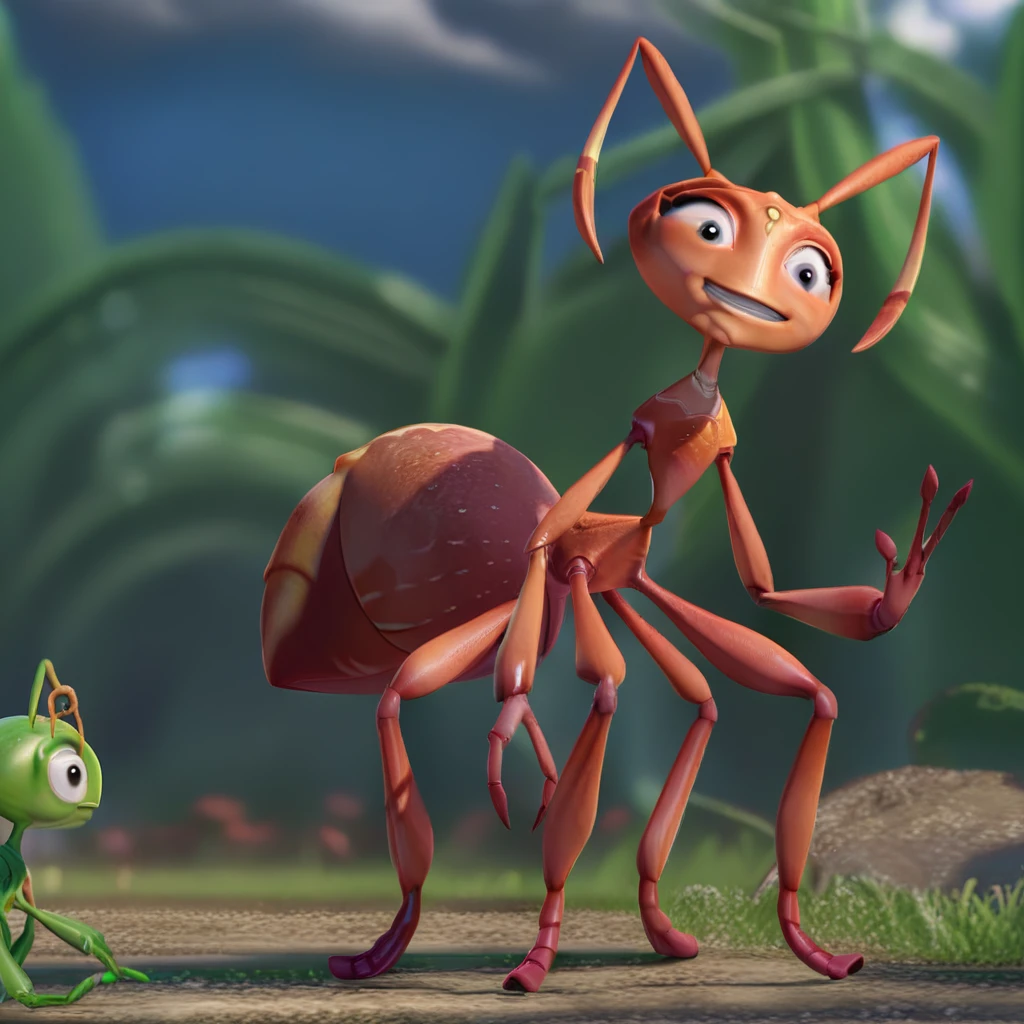 solo, forest, blurry, female ant, black eyes, bug, upper body, arthropod girl, 4 ant legs, 3d, outdoors, looking at viewer, 1girl, pokemon (creature), 2 arms, full body, furry female, no humans, source cartoon, realistic, 1other, colored skin, standing, anthro, ant antenna, frog, smile, day, hova from the ant bully, cloud, night, grass, antennae, grin, v