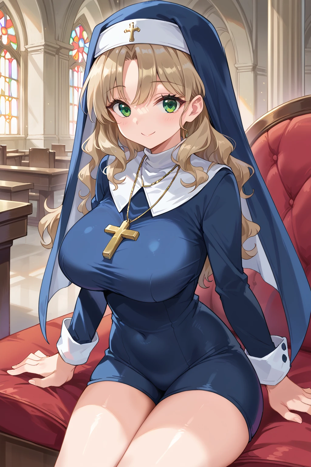 score_9, score_8_up, score_7_up, source_anime, BREAK, <lora:Short JumpsuitPony:0.6>, (short jumpsuit), habit, nun, indoors, wavy hair, light brown hair, smile, green eyes, sitting, large breasts