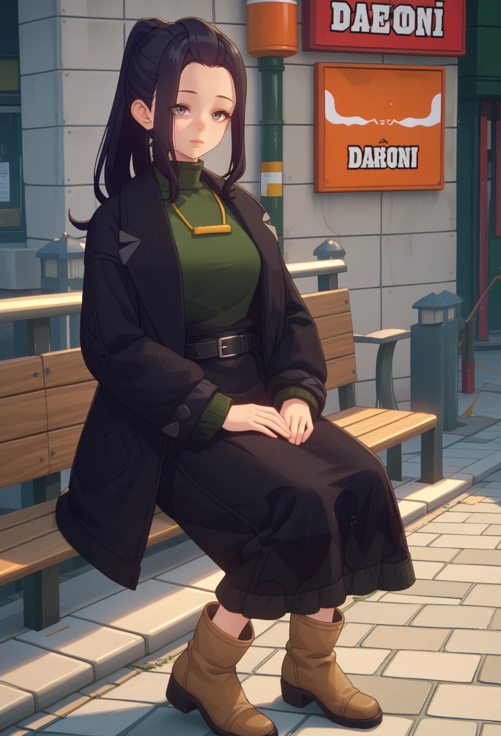 score_9, score_7_up, source_anime, BREAK solo,  <lora:AECaroni:1> AECaroni, ankle boots, belt, black coat, black eyes, black hair, black skirt, brown footwear, forehead, green sweater, grey eyes, long hair, long skirt, long sleeves, mole under eyes, necklace, ponytail, sidelocks, turtleneck sweater,