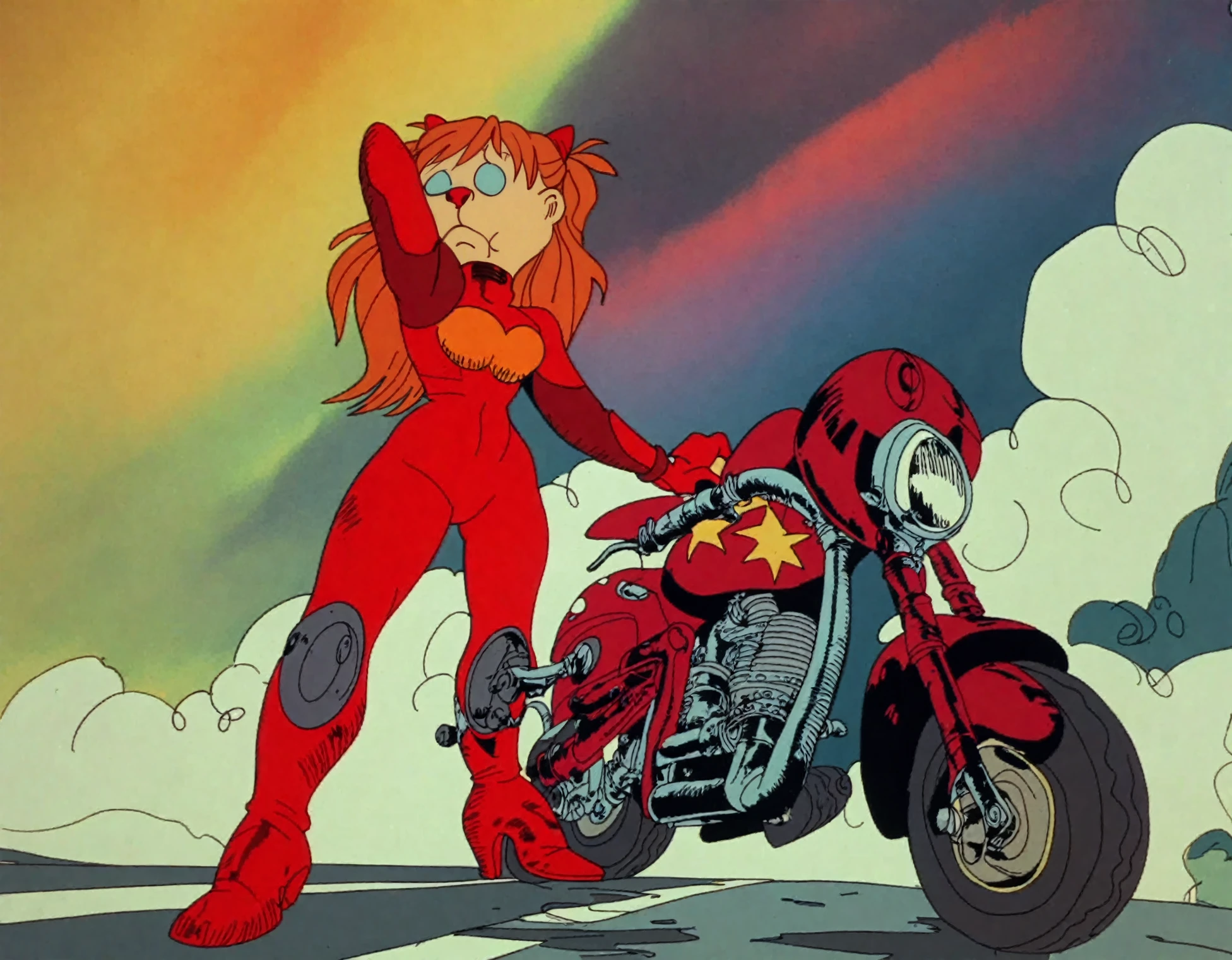 <lora:FritzTheCat_pony_v1:1> a frame from the movie "Fritz the Cat \(1972\)",cartoonish, asuka langley soryu in a red bodysuit standing besides a motorcycle, score_9, score_6_up, score_7_up