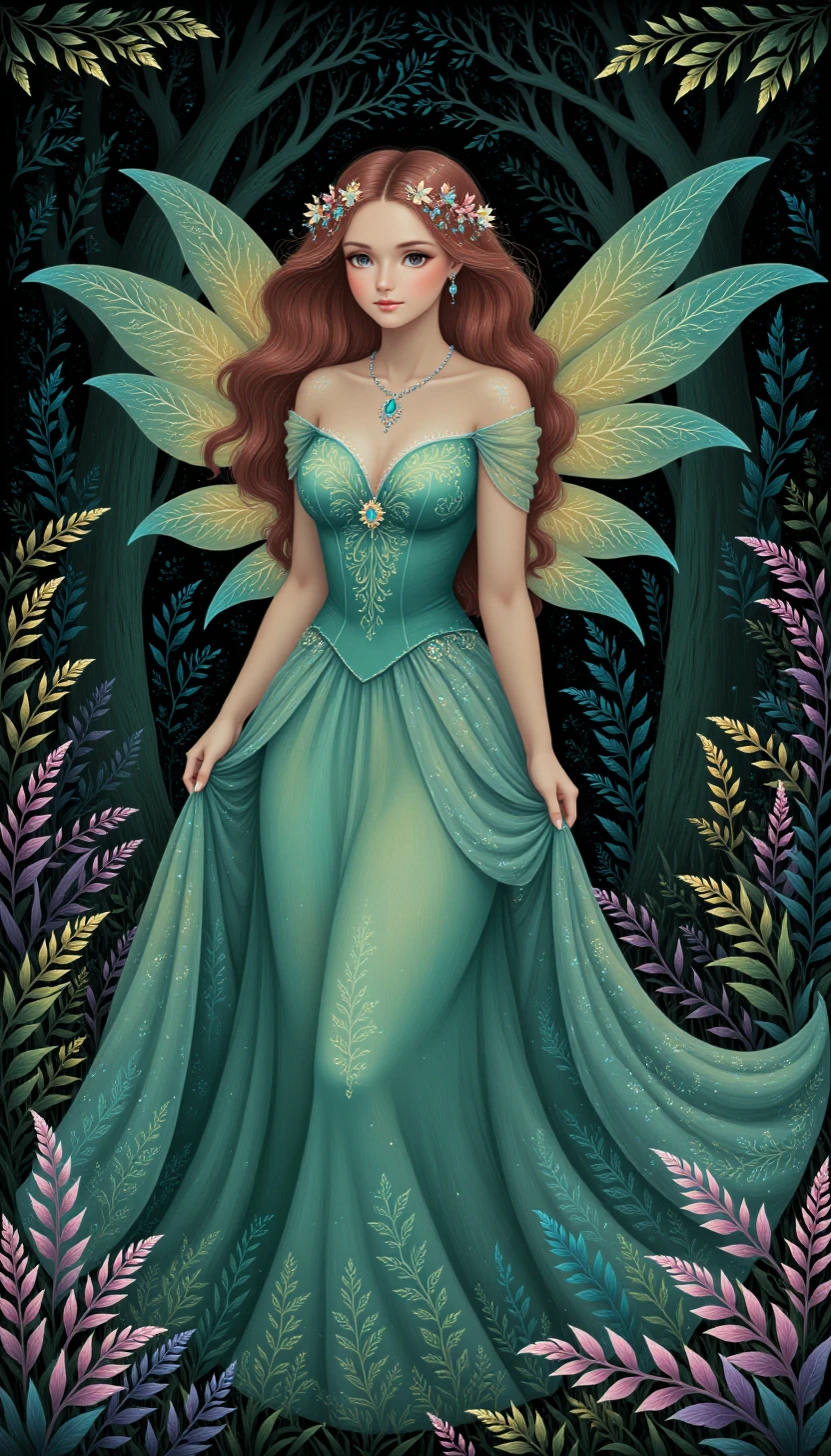 p1nkf4nt4systyl3,a fairy queen wearing a long evening gown, with flowing hair, ornate jewelry, and a background of swirling, organic patterns