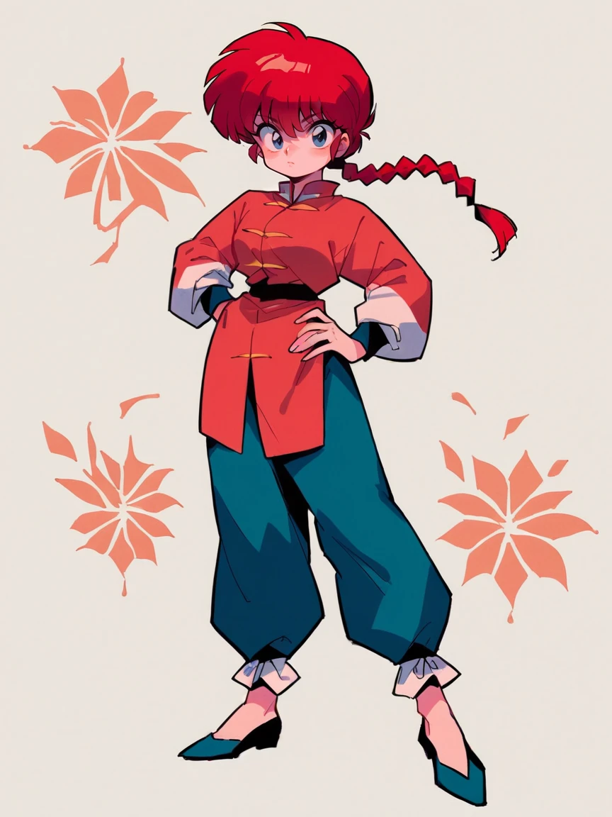 score_9, score_8_up, score_7_up, score_6_up, score_5_up,  <lora:RanmaXLP:1> ranma, red hair, 1girl, solo, blue eyes, braided ponytail, chinese clothes, full body,