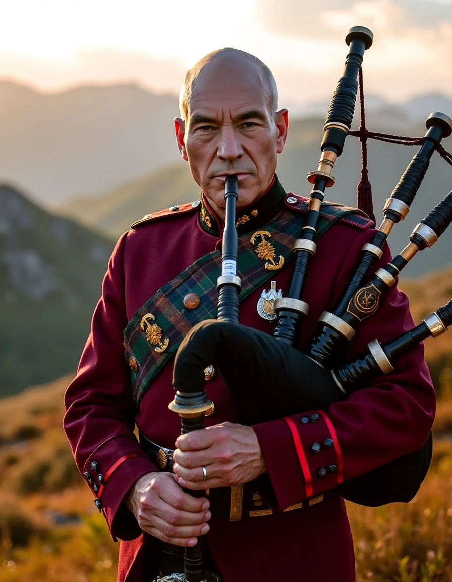 PicardLucJoHn69 <lora:picardlucjohn69:1.2> PicardLucJoHn69, a photo of exact replica of PicardLucJoHn69, bald head, wearing his star trek uniform, playing the bagpipes on a Scottish scenic mountain. cheeks blowing hard, golden hour, extra details