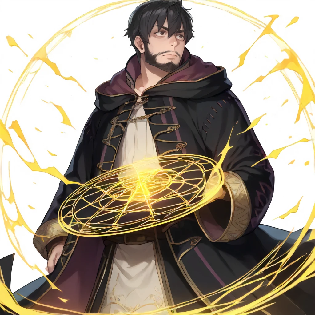 solo, simple background.  <lora:Clothing FE A Tactician Outfit :1> f3atact1c1an, long sleeves, long coat,   1boy, black hair, very short hair, full beard, brown eyes, (bags under eyes:0.8).  book, holding, magic circle, score_9, score_8_up, score_7_up, score_6_up, score_5_up, score_4_up, masterpiece, detailxl. BREAK