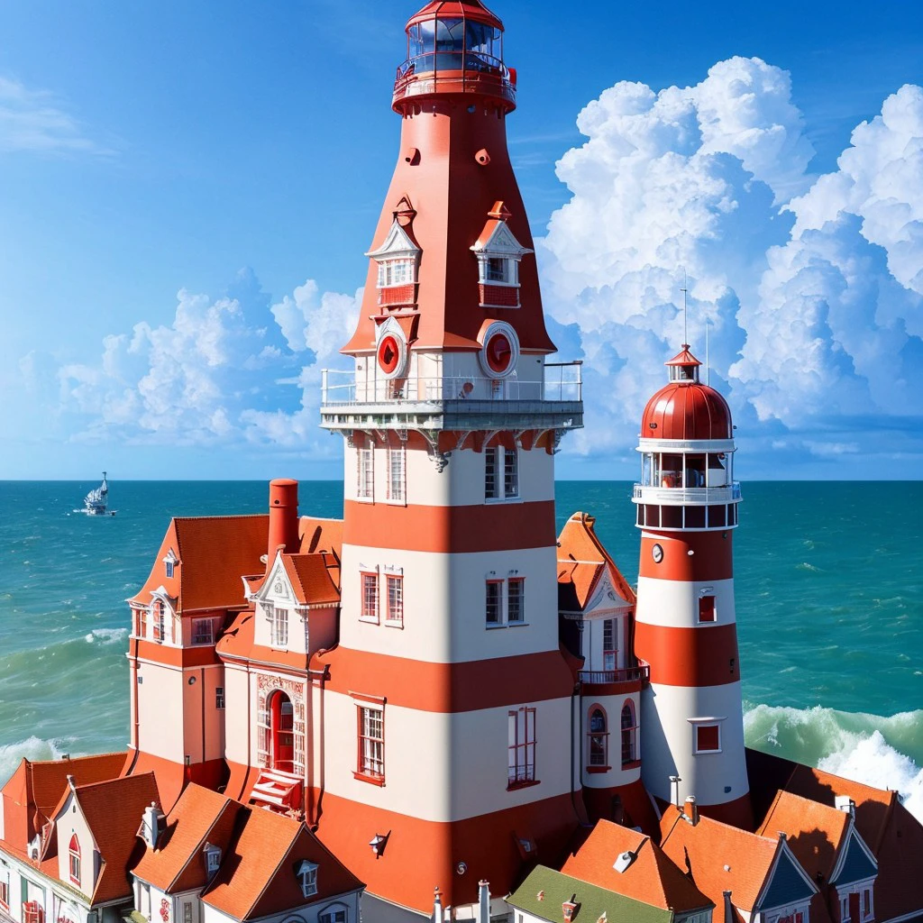 masterpiece, full scale photo, intricate photo, precisely detailed lighthouse with red-white ring-sections in the ocean, photo realistic, hyper realistic, highly detailed, sharp focus, high resolution, best quality, colorful, friendly colors, cozy outdoor lighting, 8K