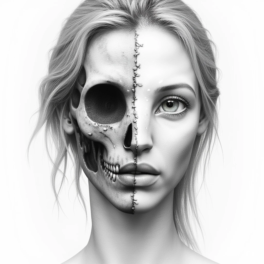 Detailed realistic drawing of the face of a woman facing the viewer but the left half of her face is skull while the right side of her face is normal. The skull has hsarp vampire-like teeth. She has no hair on the left side of her face only a skull and also her eye-socket is hollow on the left side., <lora:Neytiri_avatar_2009_FLUX_v1-000037:0.7>