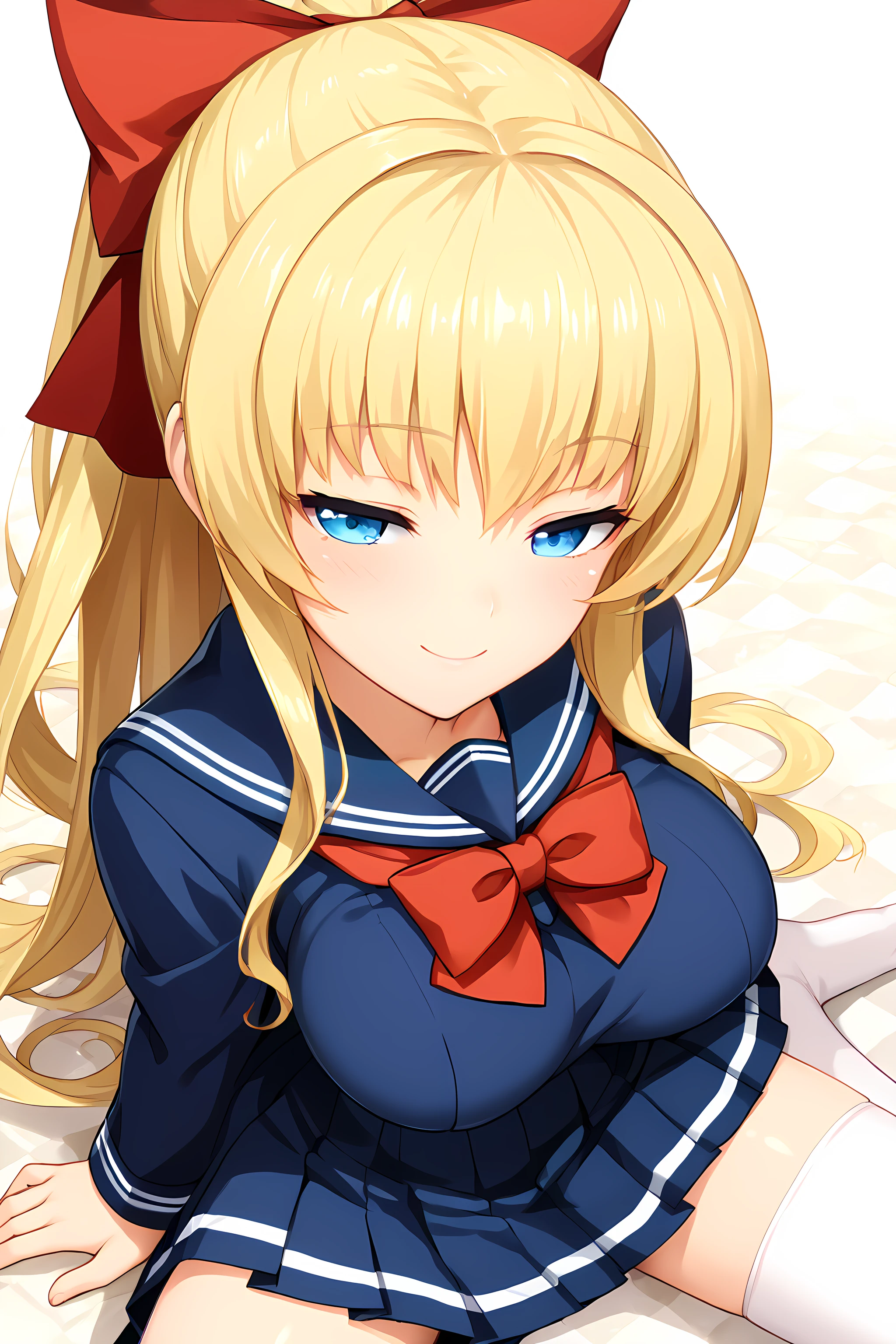 half closed eyes,smile,schooluni,blue school uniform,ries,1girl,breasts,dress,long hair,large breasts,blonde hair,blue eyes,blush,hair bow,red bow,zettai ryouiki,ponytail,pleated skirt,school uniform,serafuku,white thighhighs,simple background,from above,sitting,spread legs,<lora:EXSTIA-Chevalier-000006:1>,, score_9, score_8_up, score_7_up,source_anime,(masterpiece),(best quality),(ultra-detailed),(best illustration),(best shadow),(absurdres),(detailed background),(very aesthetic),