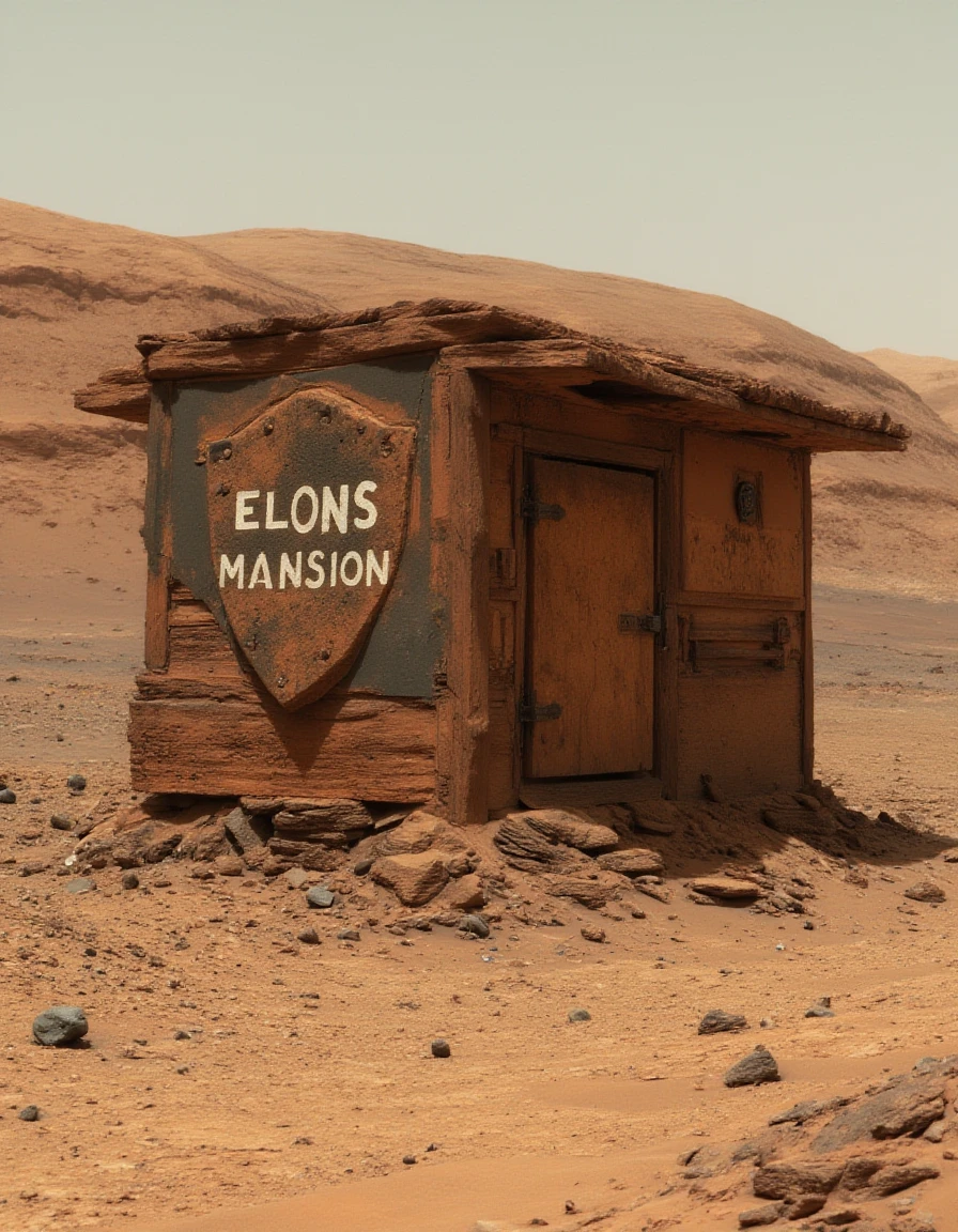 <lora:Mars_Surface_Real_Mars_Pictures__Curiosity_Marsrover:1> There is a rundown shack on the mars surface.  On the shack there is a shield with the text "ElONS MANSION".