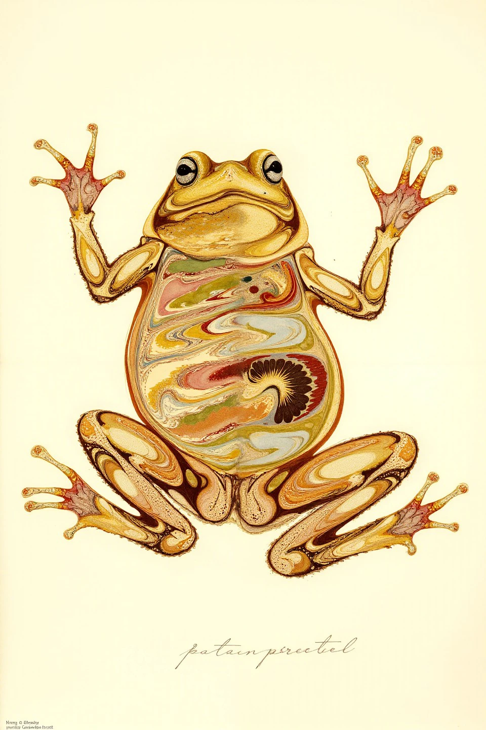 A sumptuous illustration depicting exploded diagram of frog. The overall feel of the image is painterly. Additionally the image incorporates elements of mixed media such as flowing lines drawn with fine pens and appliqued copperleaf. The general effect is of timeless fine art elegance.. <lora:Paper_Marbling_Flux:1>