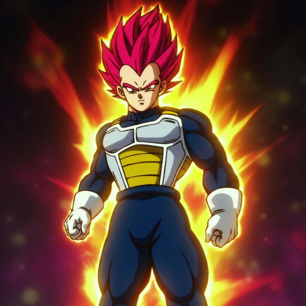 DBS-broly style, Vegeta, a male warrior with a muscular build and intense expression, looking at viewer. Striking appearance, half body shot,  Closed mouth, red eyes, red eyebrows and hair. The character has a light skin tone and distinctive features: sharp, angular cheekbones, a high forehead, and a stern, focused expression, and a big ear. His hair is styled in a spiky, vibrant red color. Wearing white gloves, Dressed in a form-fitting outfit reminiscent of a futuristic armor, featuring a white top with Yellow rectangular shoulder straps and a section of the abdominal area, also yellow and rectangular. Underneath, the character is wearing a form-fitting dark blue bodysuit, The bodysuit is tight and smooth, providing a sleek and streamlined appearance that contrasts with the outer futuristic armor. Closed mouth, serious. Surrounded by a glowing aura, which is yellow close to him and transitions to red further out. Powerful pose<lora:DBS_Broly_Movie_Lora:0.85>