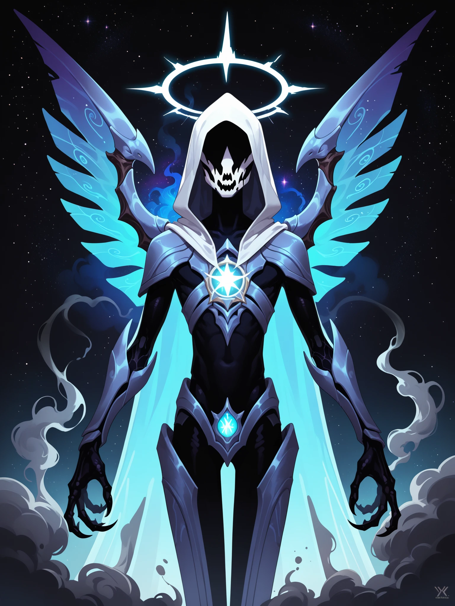 score_9, score_8_up, score_7_up, score_6_up, score_5_up, score_4_up, (derpibooru_p_95), source_cartoon, solo, cowboy shot, (faceless, eyeless, void mage, x-mark face paint:1.2), made from smoke, spirit, digital art, male, creature, cosmic, monster arms, monster claws, skinny, galaxy skin, halo, wings, galaxy background