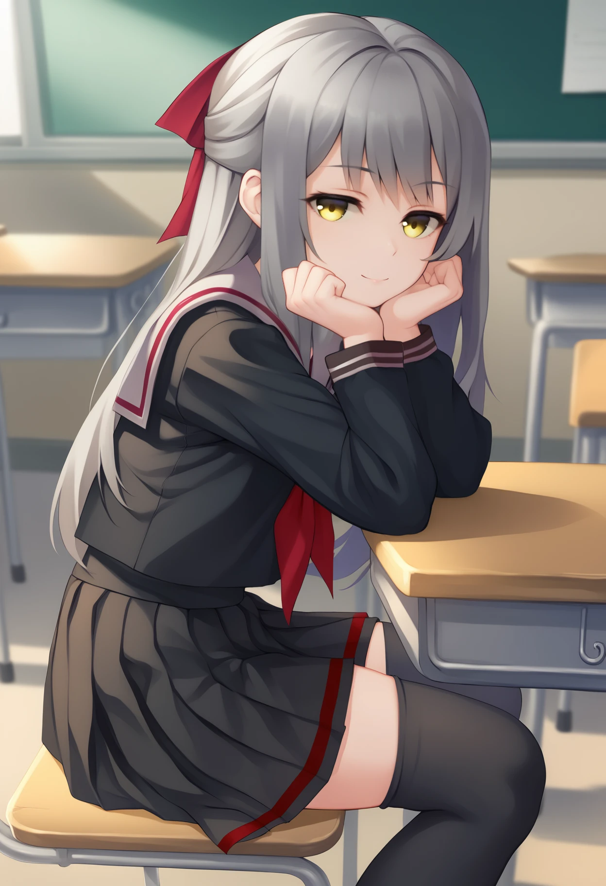 score_9, score_7_up, <break> from side, solo, 1girl, pale skin, light smile, looking at you, sitting, head rest, long hair, grey hair, hair ribbon, yellow eyes, half-closed eyes, school uniform, black serafuku, black shirt, sailor collar, red neckerchief, long sleeves, black skirt, pleated skirt, black thighhighs, indoors, classroom
 <segment:yolo-face_yolov8m.pt,0.4,0.5//cid=1>