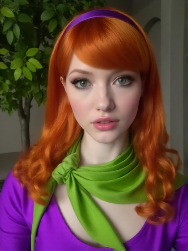 Daphne Blake,wears headband and purple dress and green scarf, closeup face portrait   <lora:Daphne_Blake:0.9>