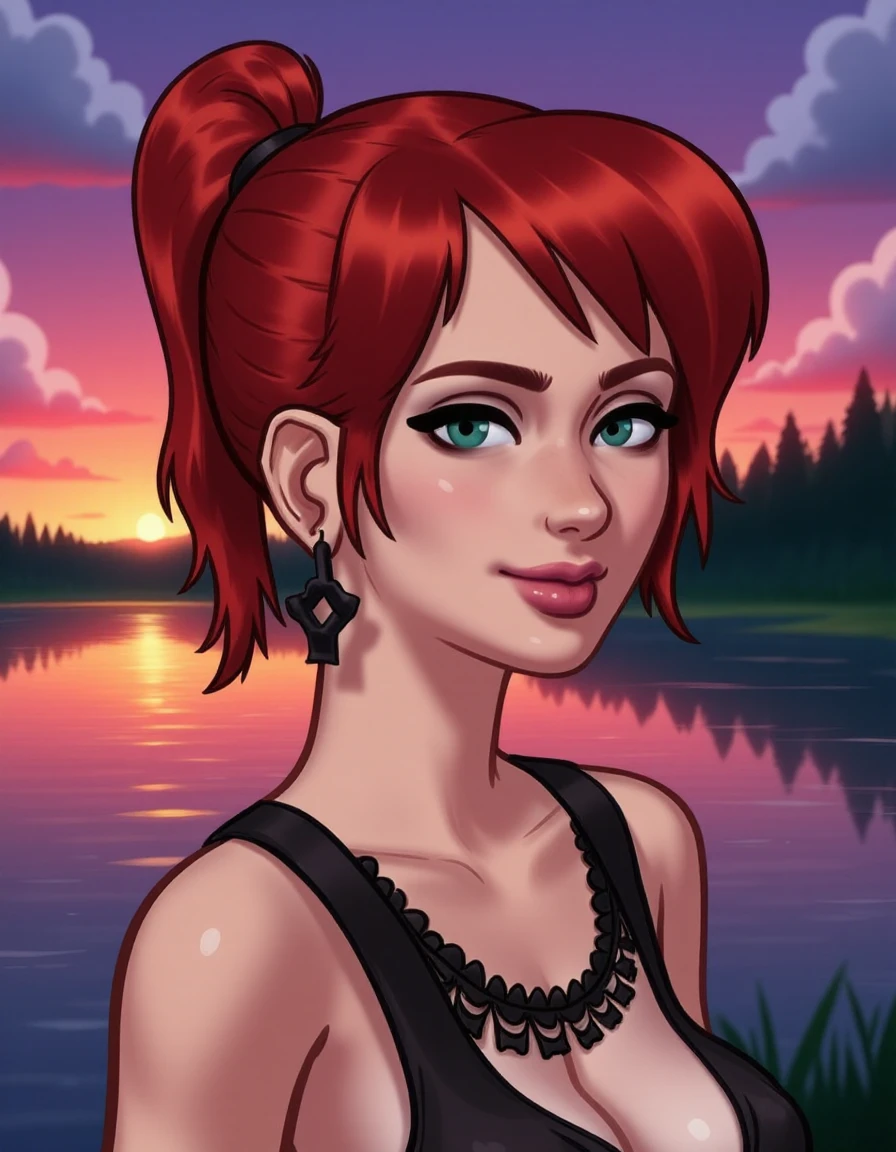 A digital painting of young emo woman with goth makeup, candid closeup portrait, dramatic eyes makeup with long lashes, detailed green eyes looking into the distance, expressive lips, unique gorgeous face with latvian and greek features, wild ginger hair, high ponytail with bangs reflecting the sunset's red and pink hues, dreamy expression with a smile, wearing a lace-trimmed top and a witchy earrings, skinny, ethereal beauty, outdoor scene with forest and lake in the background highlighted by the setting sun, romantic atmosphere of a summer night
<lora:SummertimeSagaFlux:1>