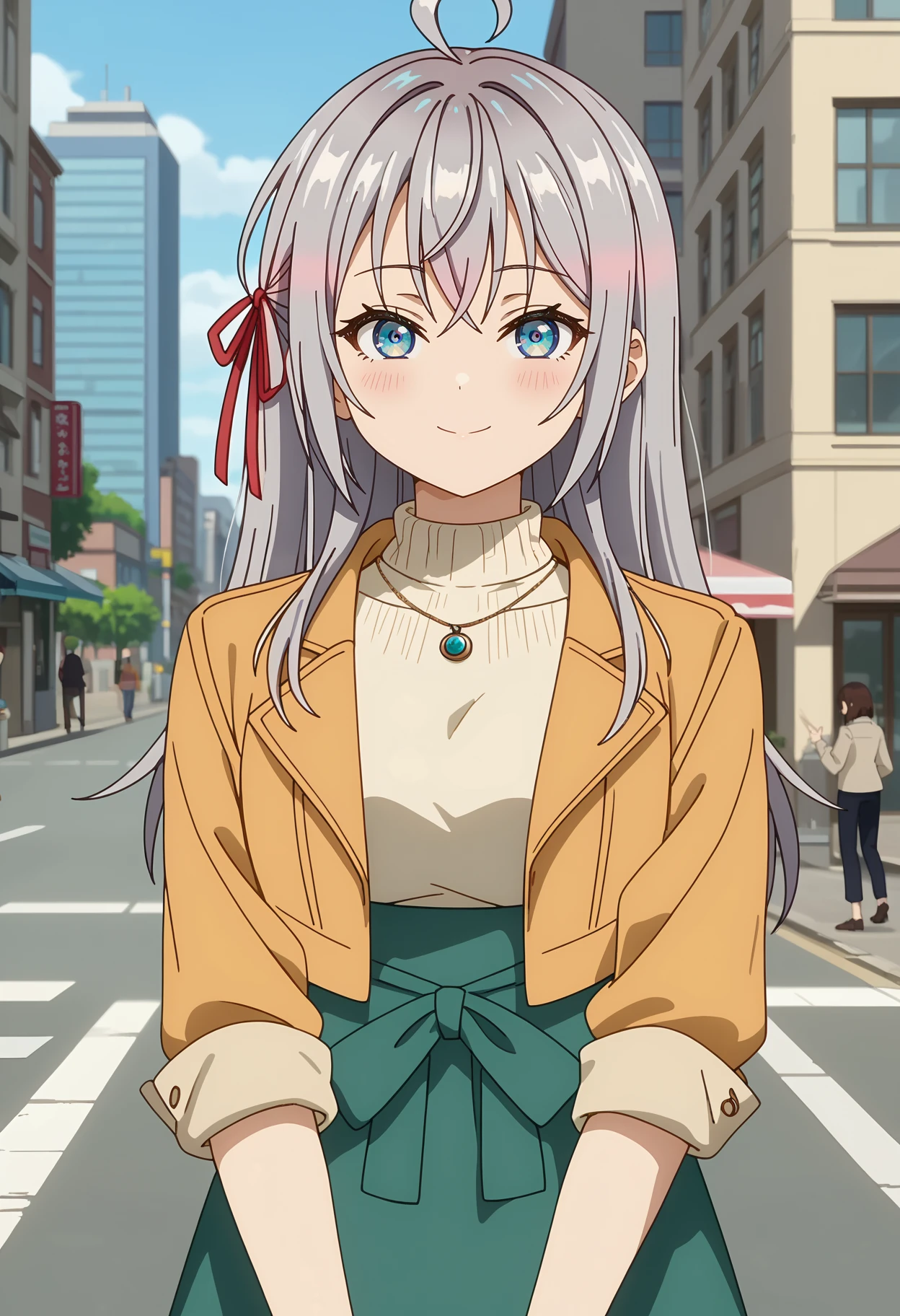 score_7_up, anime screencap, anime coloring,
<lora:Roshidere_KujouAlyaMikhailovnaXL:0.9>,
1girl, closed mouth, light smile, light blush,
long hair, grey hair, ahoge, crossed bangs, blue eyes, hair ribbon, red ribbon,
AlyaCasual, cropped jacket, yellow jacket, turtleneck, white sweater, pendant, sleeves rolled up, high-waist skirt, waist bow, green bow, green skirt,
v arms, standing, looking at viewer, cowboy shot,
blurry background, outdoors, street, cityscape