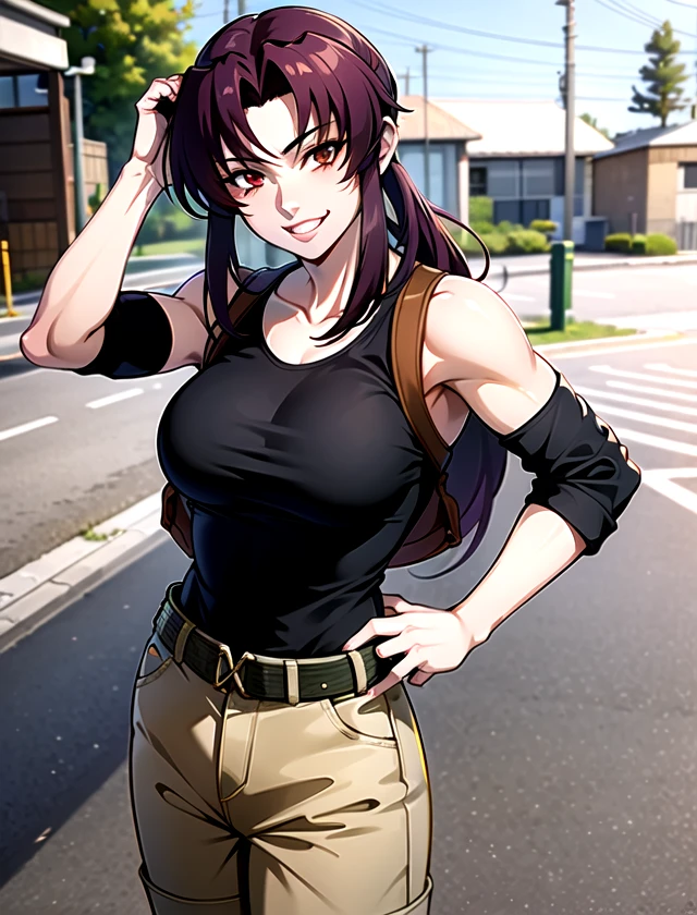 Revy <lora:Revy:.7>, , solo, standing, outside, 1girl