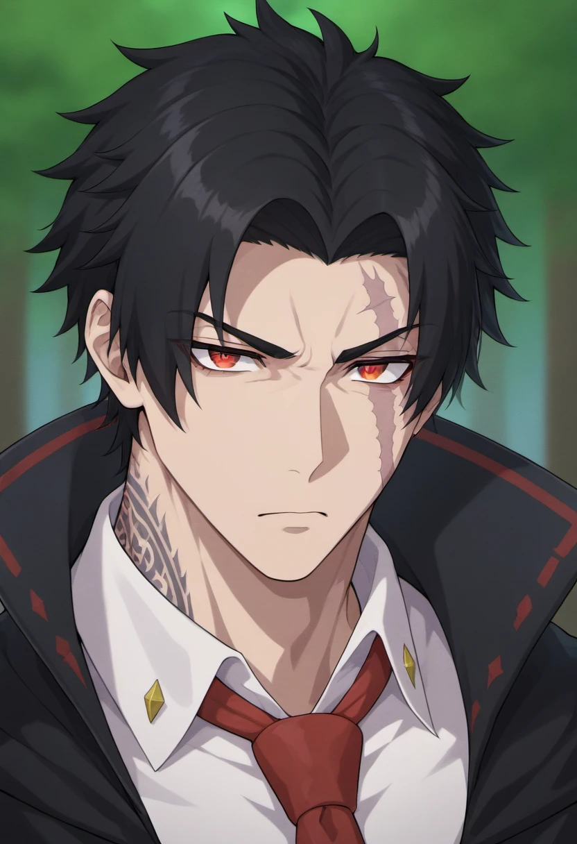 1boy, male focus, <lora:RViolet:0.8>, RViolet, black hair, middle parted hair, red eyes, tattoos, scars, (black suit:1.1), red necktie, white undershirt, cape, unamused expression, close up manly, muscular, masculine, looking at viewer, outdoors, forest, sfw, best quality, amazing quality, best aesthetic, absurdres, year 2023