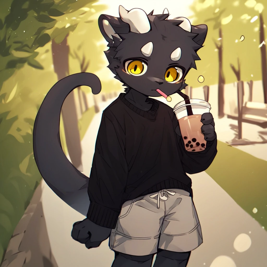 score_9_up, score_8_up, score_7_up, source_furry, mikus-ka_kuwu, black dragon, black body, white horns, yellow eyes, park, holding, bubble tea, black sweater, gray shorts, 1boy, solo