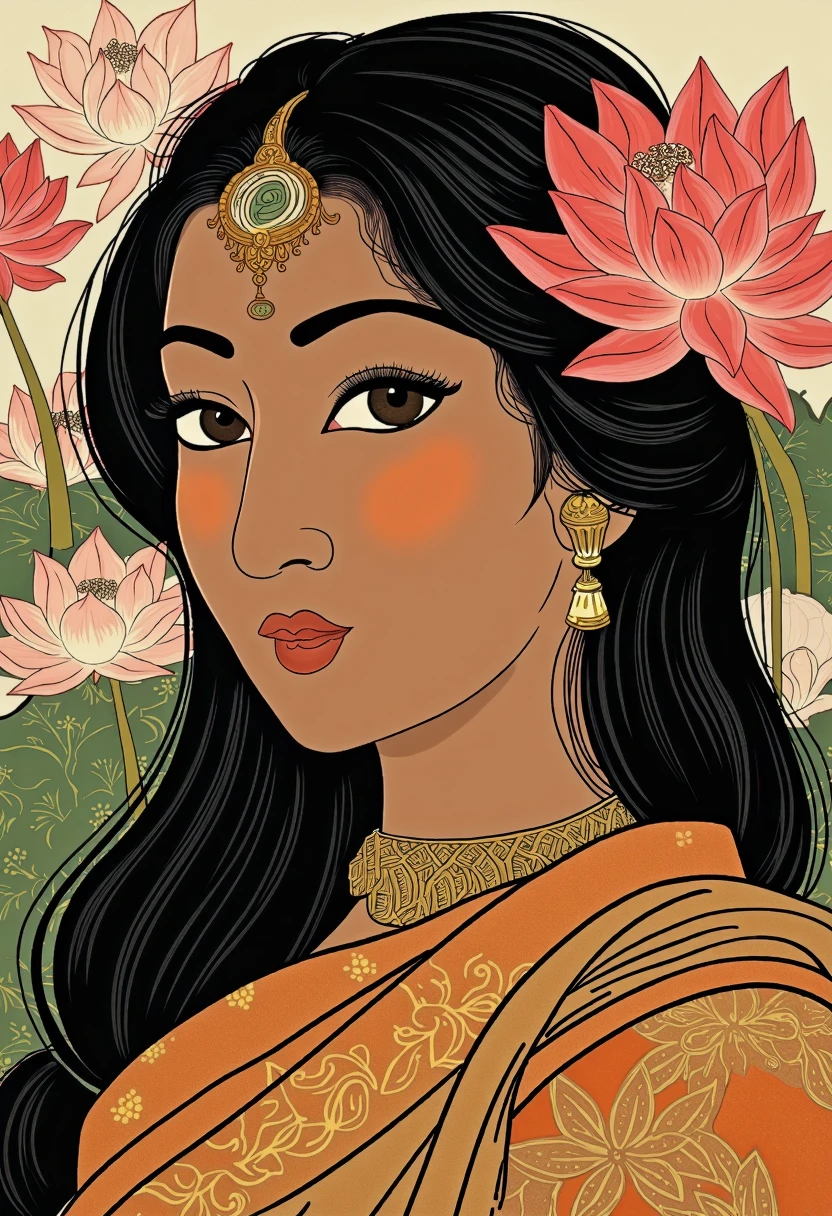 a portrait of an Indian woman inspired by the Shunga art style, blending Indian cultural details with Shunga’s refined aesthetics. The woman has warm brown skin, expressive eyes, and long, flowing hair. She wears a richly embroidered sari with delicate jewelry, reflecting the elegance of Indian tradition. The background features lotus flowers and ornate arches, enhancing the serene and sensual mood. The soft line work and muted, rich colors typical of Shunga highlight the delicate and alluring nature of the scene.