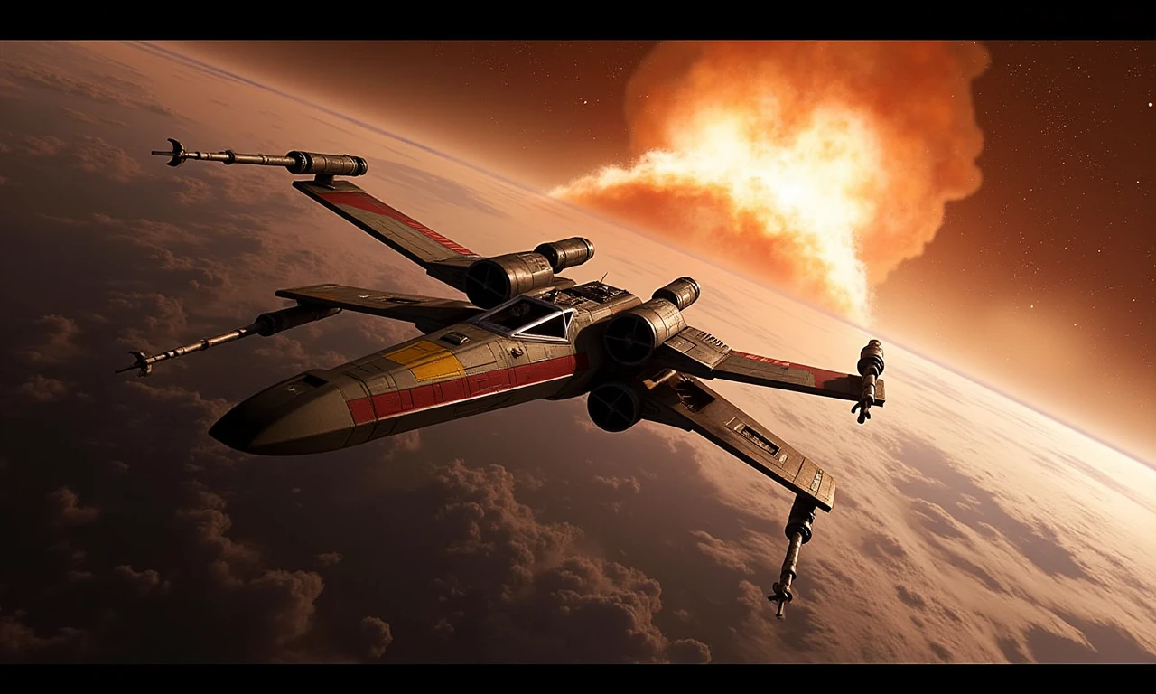 <lora:x-wing:1>, <lora:star wars style v2:1> star wars style,A realistic photo of an X-wing skimming the surface of the Death Star, captured from a low-angle perspective, bright explosions in the distance casting light on the starfighter's wings, debris flying around, dynamic and sharp detail.