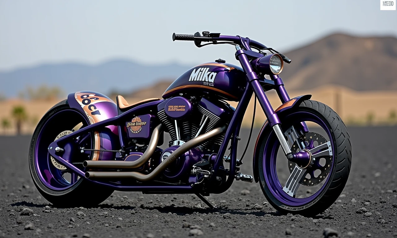 a photo of a custom built motorcycle in the style of occ,Milka brand theme,  the colors and logo of the brand are found on the bike, the text is perfectly readable,On a volcanic ash field, dramatic ant-level camera angle, <lora:occ choper style:1>