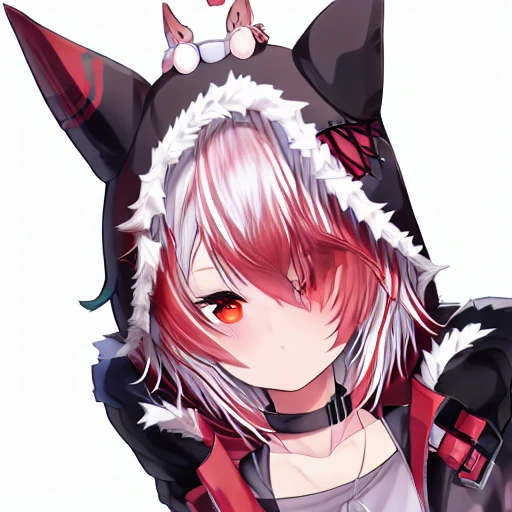 long black socks, short hair, fox tail, gloves, White hair, fox ears, red short socks, red hair pattern, collar, black hoodie