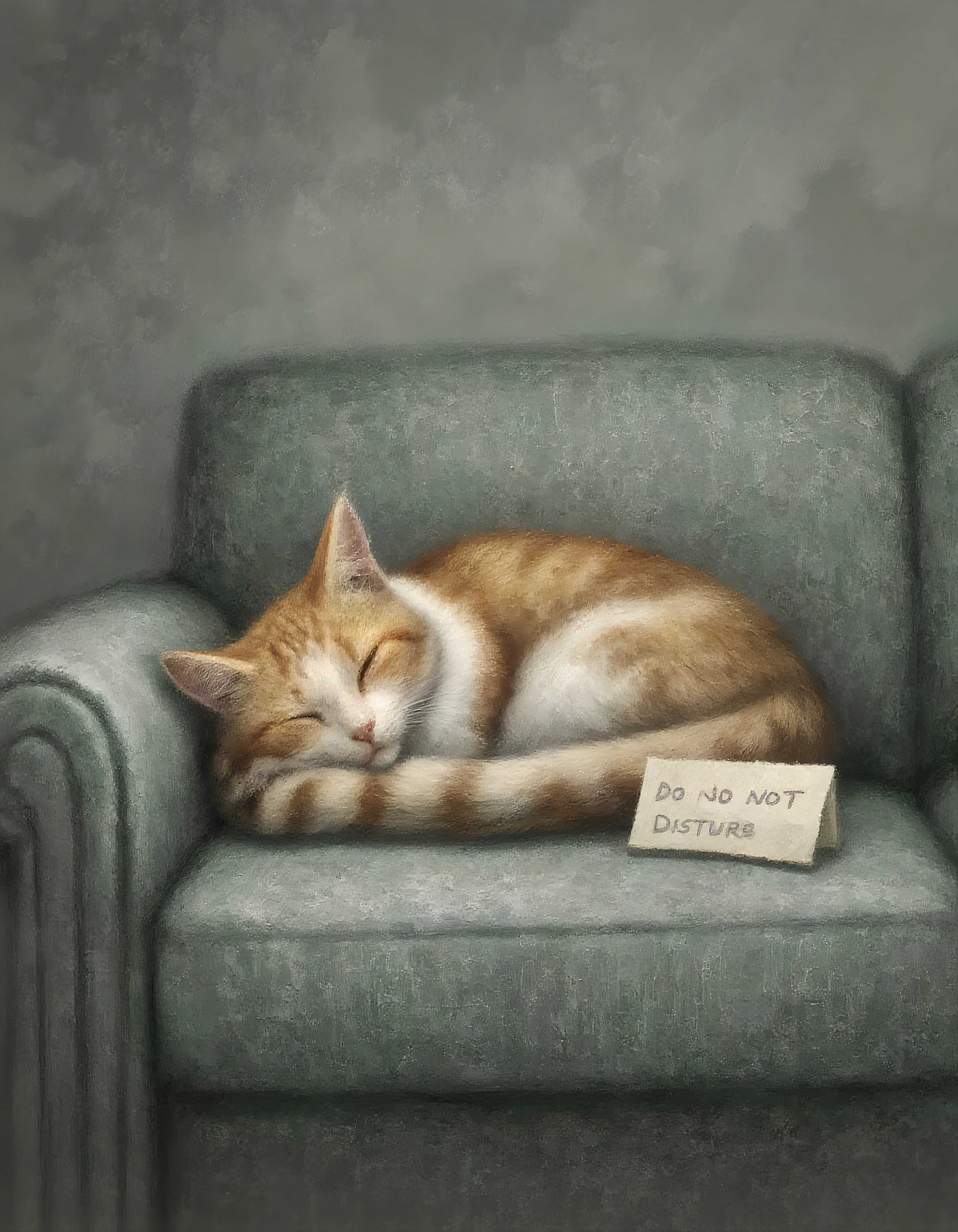 <lora:fantasy_illustration_style_flux:1> A cat sleeping on the sofa, next to it a note says "Do Not Disturb", soft edge illustration