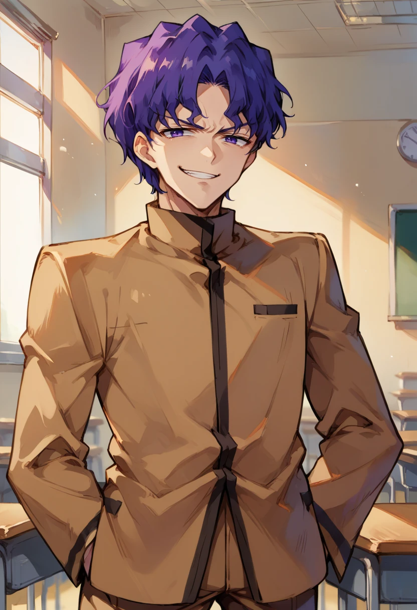 score_9, score_8_up, source_anime, 1boy, solo, ShinjiDefault, purple eyes, purple hair, wavy hair, short hair, parted bangs, gakuran, brown jacket, breast pocket, brown pants, indoors, classroom, smirk, smug, <lora:ChamMatouShinjiPonyXL:1>