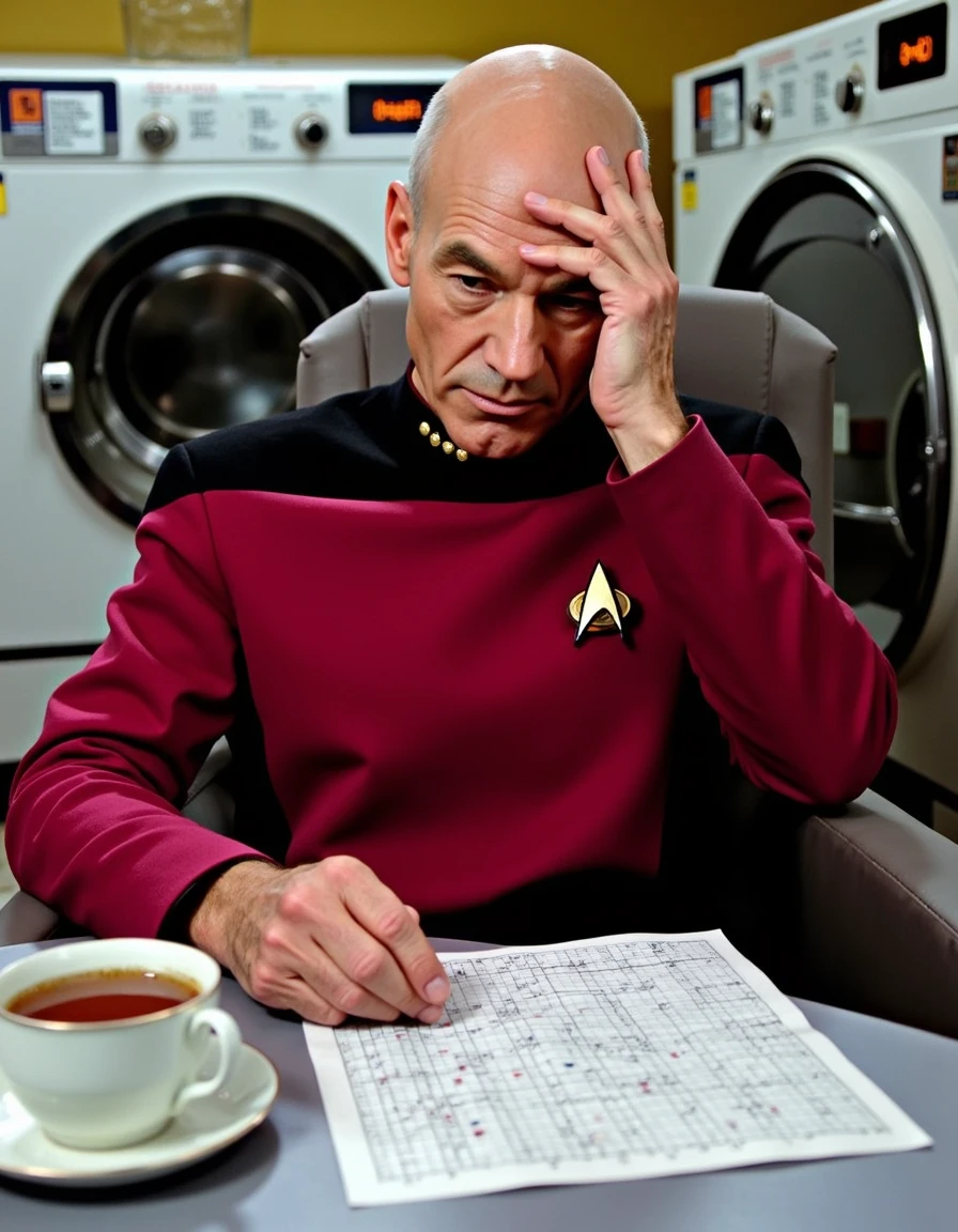 PicardLucJoHn69 <lora:picardlucjohn69:1>Captain Picard sitting in a crowded laundromat, deeply engrossed in a crossword puzzle, while his laundry spins in the background. The washing machine is labeled.  A cup of Earl Grey tea is balanced precariously on the table beside him <lora:facial expression style v1:0.65>